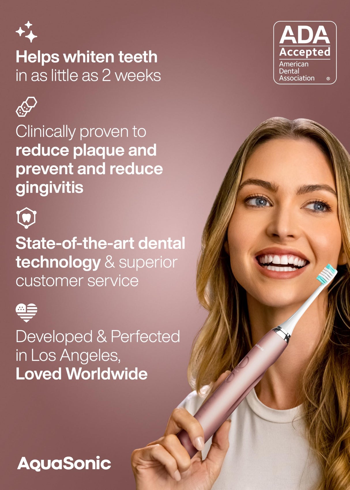 Aquasonic Vibe Series Ultra-Whitening Toothbrush – ADA Accepted Electric Toothbrush - 8 Brush Heads & Travel Case – 40,000 VPM Motor & Wireless Charging - 4 Modes w Smart Timer – Satin Rose Gold