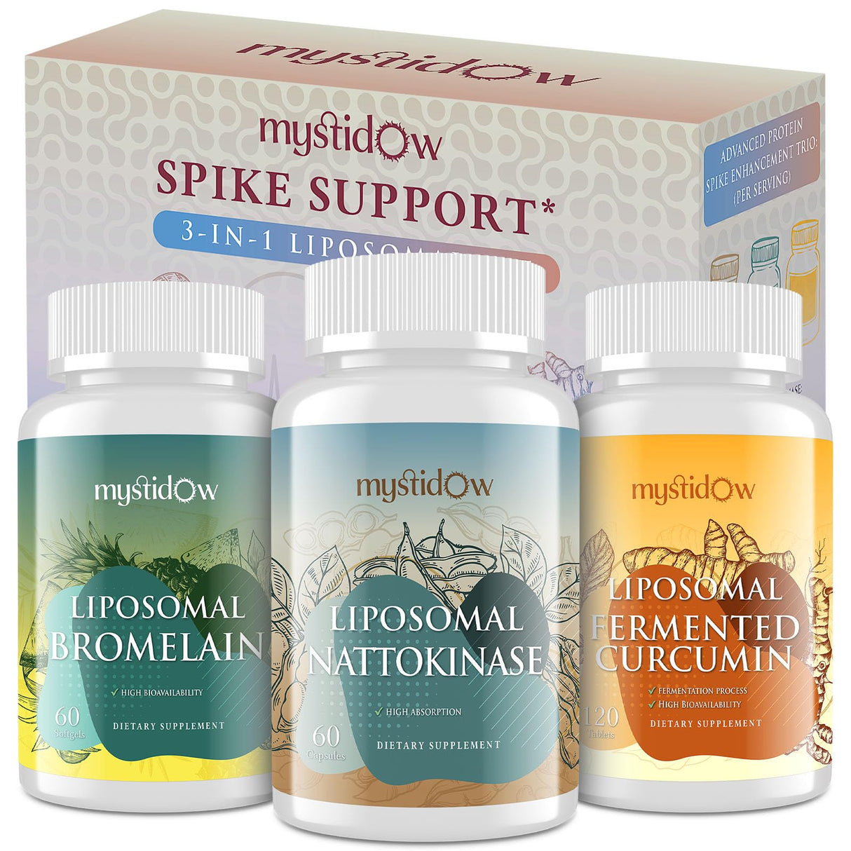 Spike Support Trio | Liposomal Nattokinase 8000 FU 500mg, Bromelain 1150 mg & Fermented Curcumin 1800 mg | High Potency, Enhanced Absorption Formula | for Immune, Heart & Circulation | 60 Day Supply