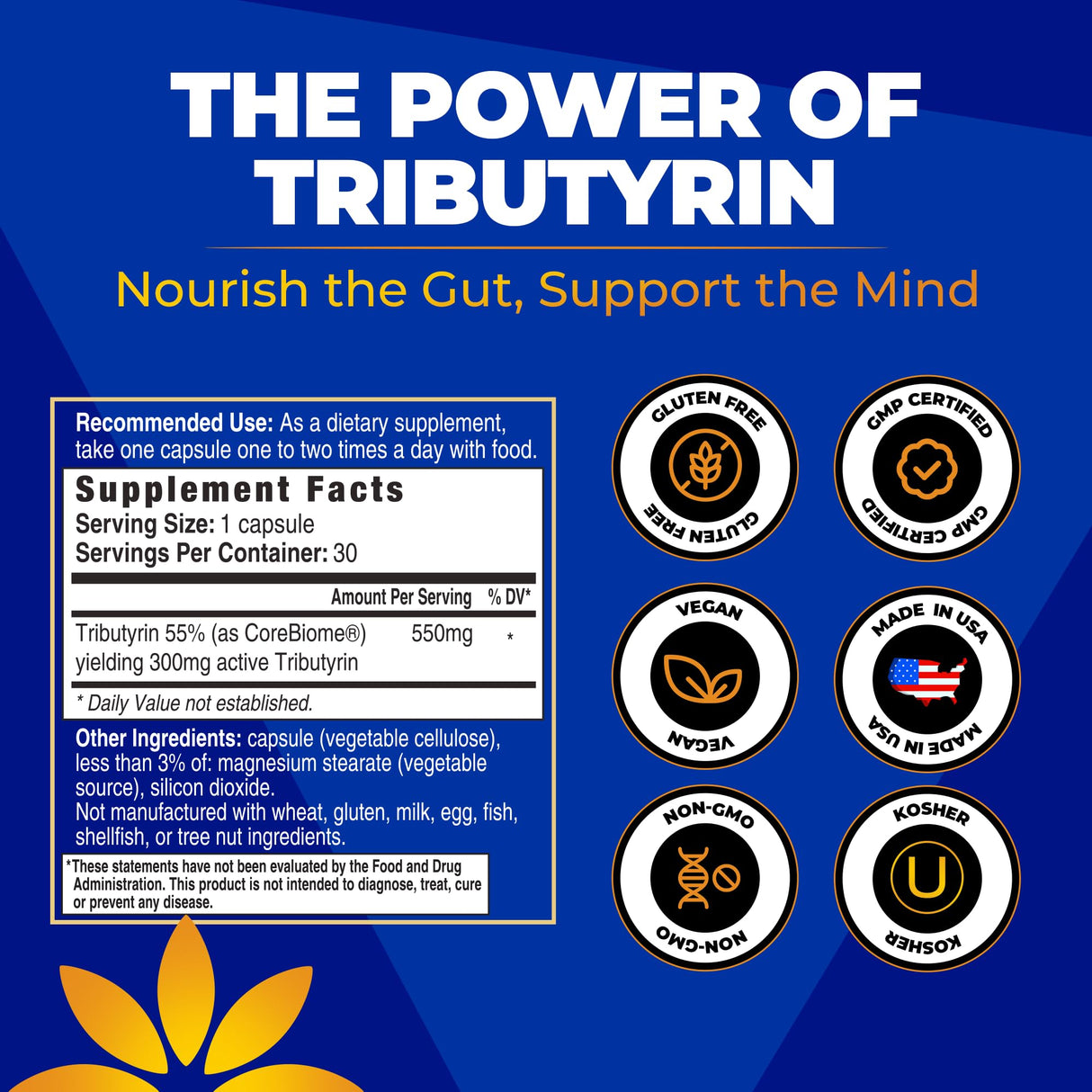 CoreBiome Tributyrin Supplement - Better Delivery & More Effective than Sodium Butyrate - Gut Health & Digestive Support - 3-in-1 Butyrate Postbiotics for Leaky Gut & Gut Barrier Support - 30 Capsules