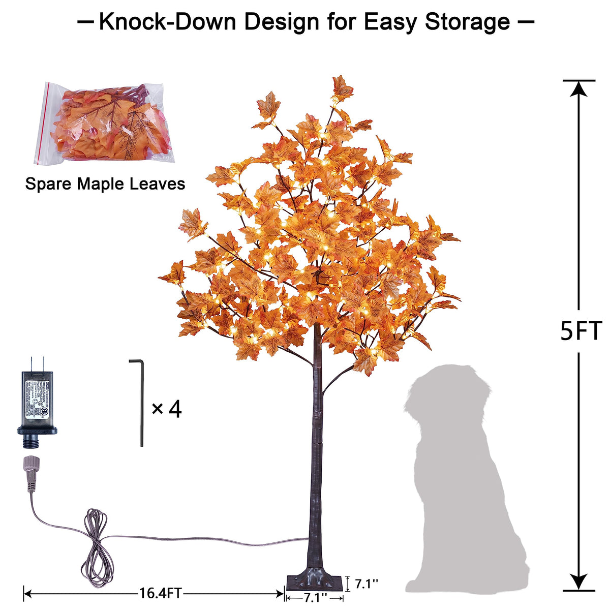 LIGHTSHARE 5FT 96LED Artificial Lighted Maple Tree Warm White Halloween Fall Decorations Indoor Ourdoor, Orange