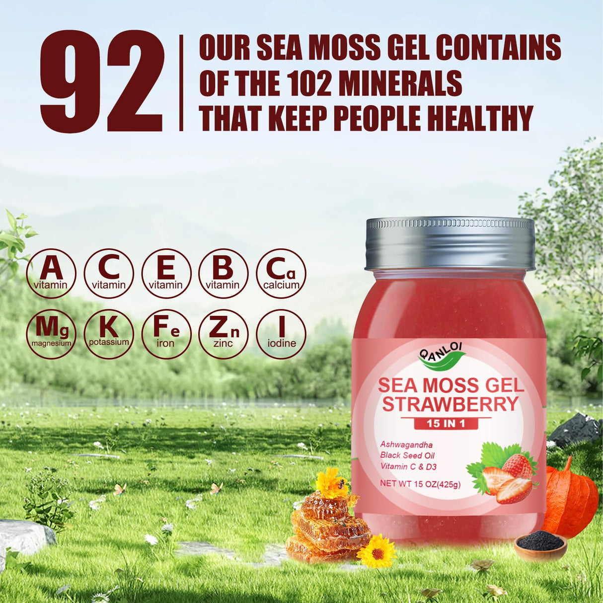 QANLOI 15OZ Strawberry Flavored Sea Moss Gel, 15-in-1 Ingredient, Rich in Ashwagandha, Vitamins and Minerals, Promotes Metabolism & Improves Digestion