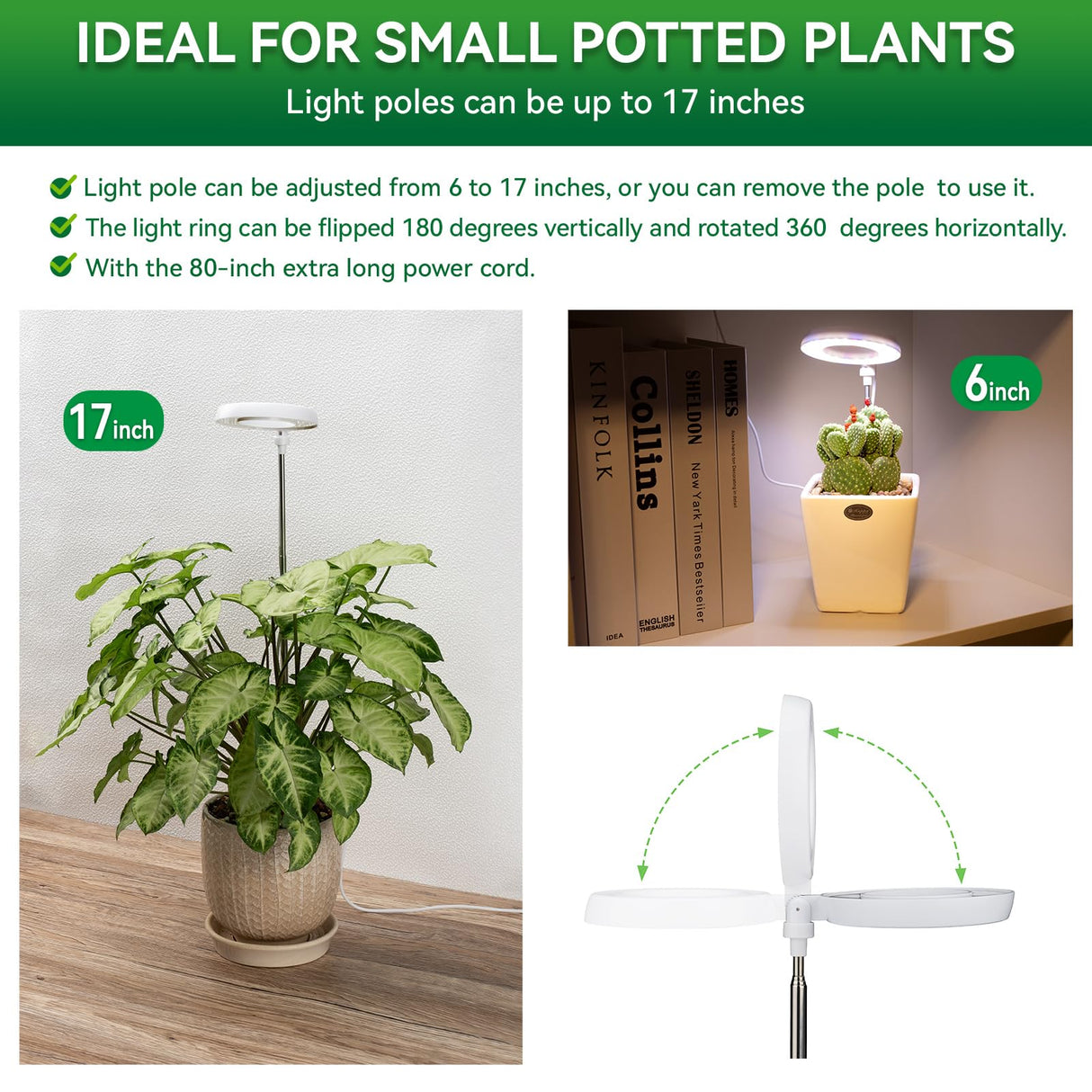 RODINTO Plant Lights for Indoor Growing, Full Spectrum Grow Light with 48 LEDs, 5 Dimmable Levels Super Bright Halo Grow Lights, with Automatic Timer, Height Adjustable 7"-17", Pack of 3