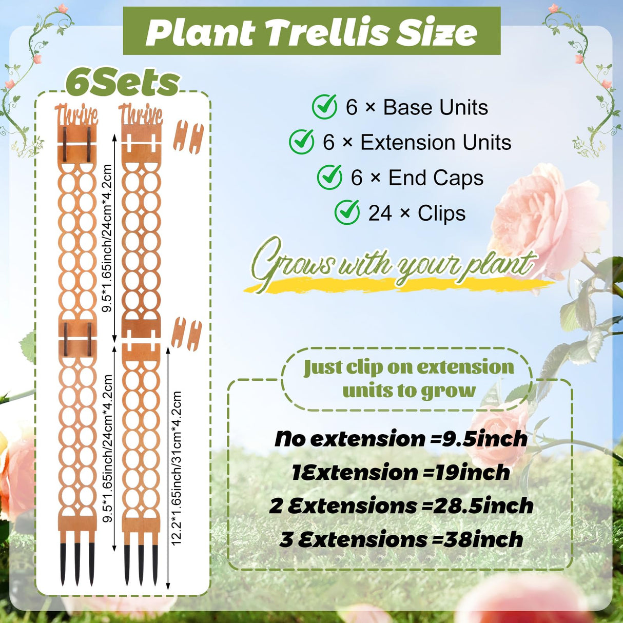Otoolling 6 Sets Wooden Extendable Plants Trellis Indoor Modular Plant Trellis with Wood Thrive Sign Decor and Extensions for Outdoor Climbing Houseplants Vine Flower Stem(Circle)