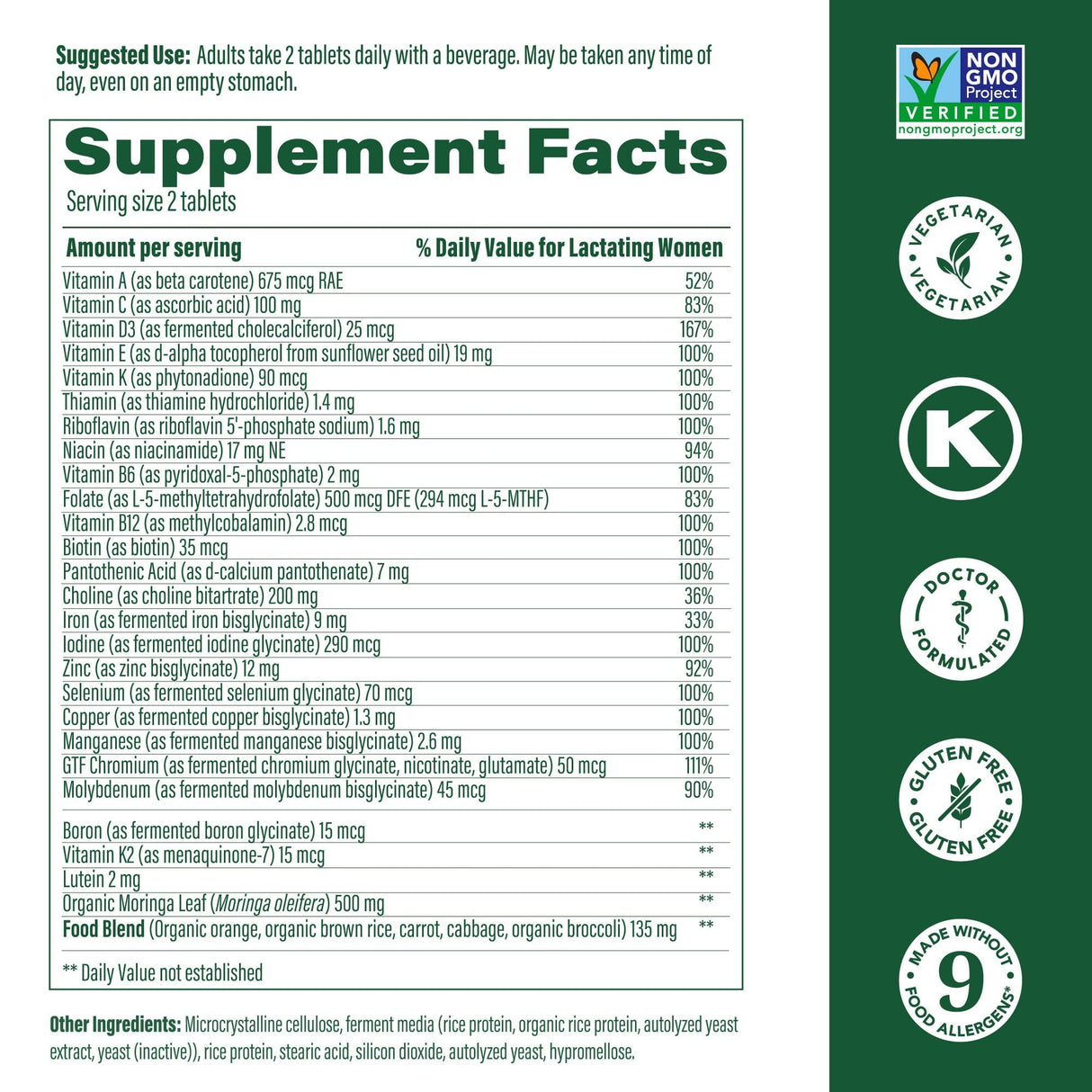 MegaFood Baby & Me 2 Postnatal Vitamins for Women Breastfeeding with Folate (Folic Acid Natural Form), Choline, Iodine, Vitamin D, Moringa Leaf and More - 60 Tabs (30 Servings)