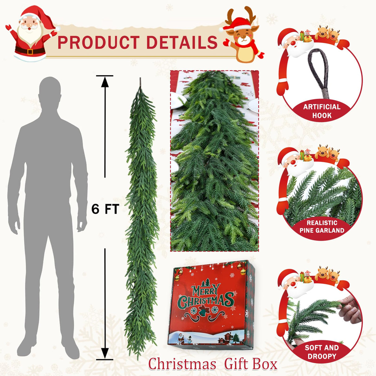 Christmas Cedar Garland for Staircase Real Touch Droopy Bendable Lifelike Faux Xmas Garlands for Decoration Christmas Green Pine Mantle Garland Thanksgiving Table Decorations Outdoor Indoor