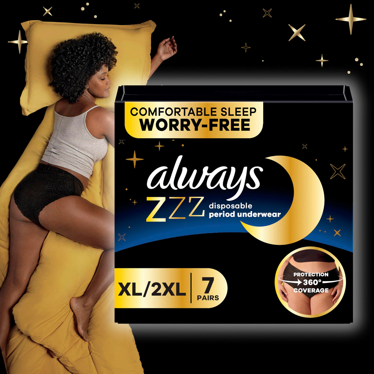 Always ZZZ Overnight Disposable Period Underwear for Women Extra Large/2LX, 360° Coverage for Worry-Free Nights, 14 Count (2 Packs of 7)