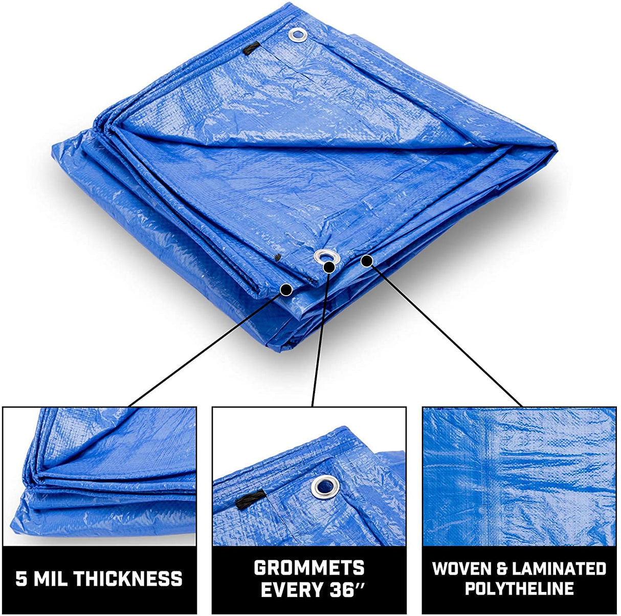 Grizzly Tarps by B-Air 10' x 14' Large Multi-Purpose Waterproof Heavy Duty Poly Tarp with Grommets Every 36", 8x8 Weave, 5 Mil Thick, for Home, Boats, Cars, Camping, Protective Cover, Blue