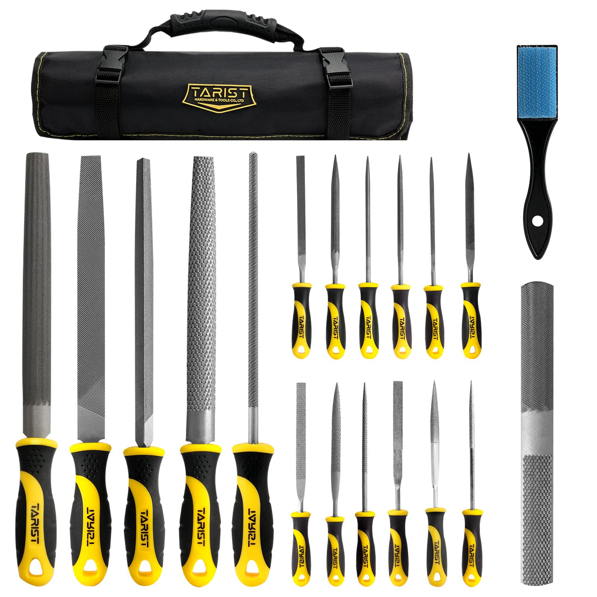 TARIST 19PCS Metal & Rasp File Set with Tool Bag, Includes Flat/Half-Round/Round/Triangle steel file, Half-Round wood file, 4 Way File and 12pcs Needle Files, Work for Metal, Wood and more