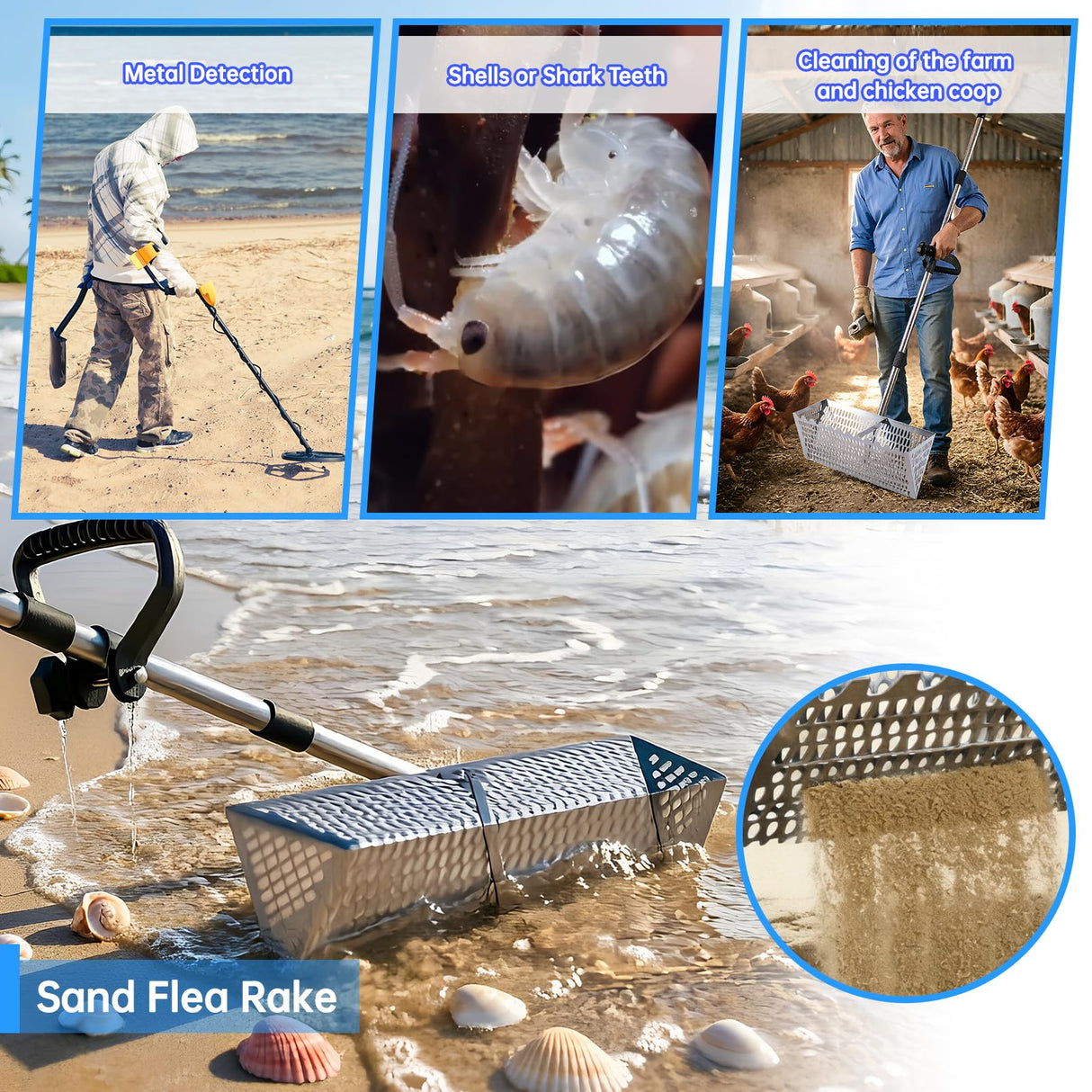 Sand Flea Rake,Detachable Long Handle Sand Sifter with Stainless Steel Sand Scoop Shark Tooth Sifter and Beach gloves with 16-Inch-Wide Drainage Mesh for Finding Fleas,Shells Shark Teeth,Yard Cleaning