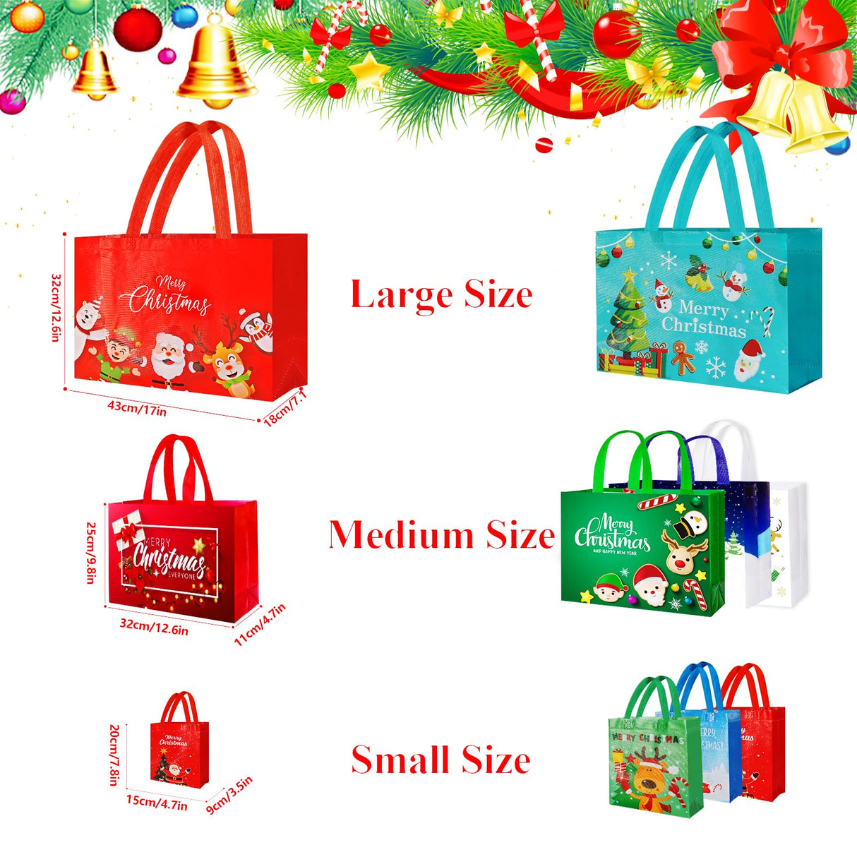 IPQXE 22 Pack Christmas Gift Bags Assorted Sizes- Reusable Tote Bags Non-Woven, Xmas Shopping Bags with Handles, for Christmas Treat Bags, Gifts Wrapping, Xmas Party Supplies 2 Large 8 Medium 12 Small