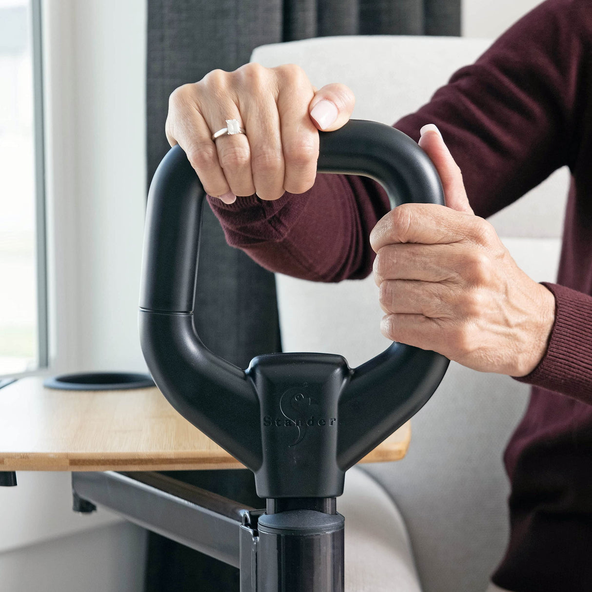 Able Life Comfortably Independent Tray Table Adjustable Bamboo Swivel TV and Laptop with Ergonomic Stand Assist Safety Handle, Living Aid, Brown