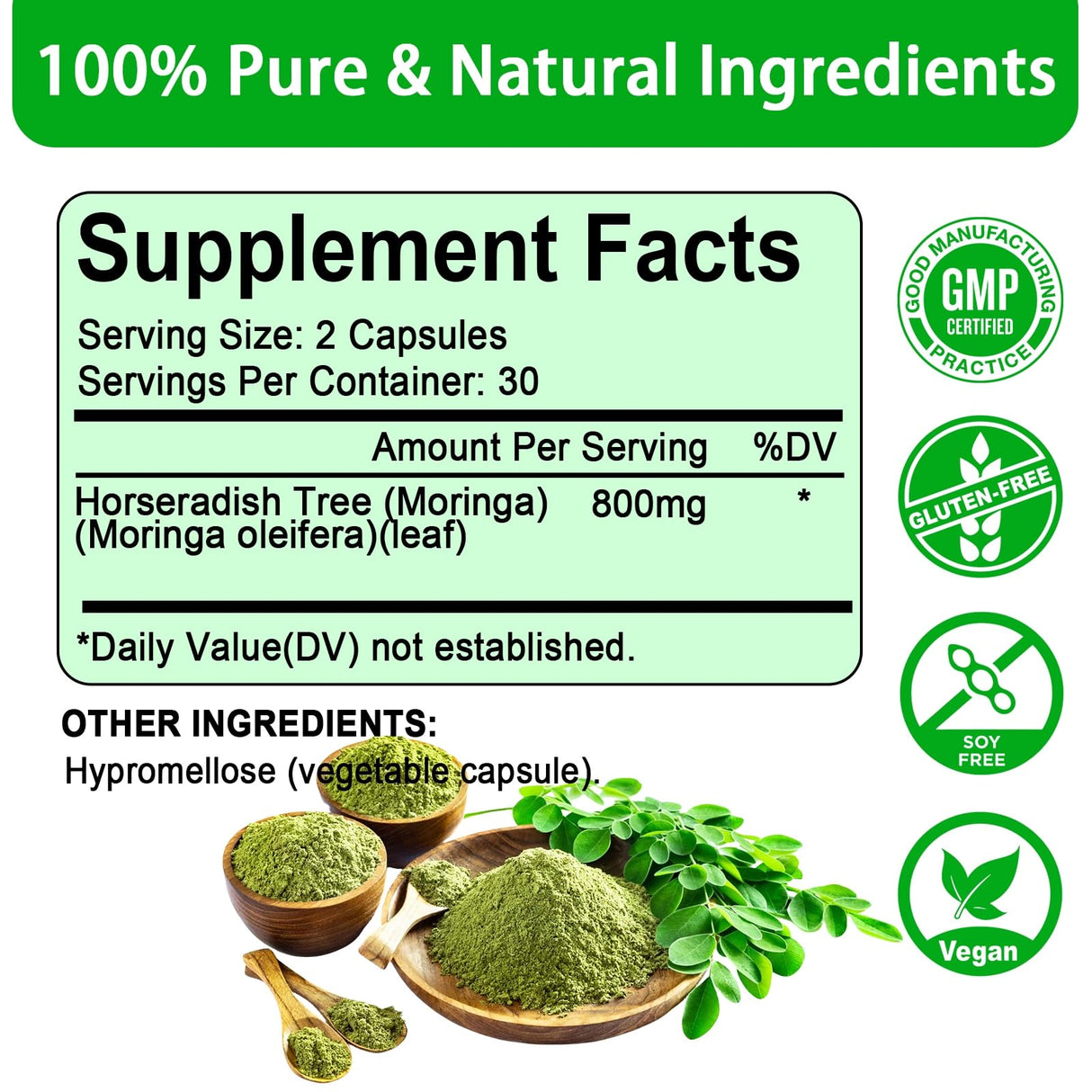 etheray Moringa Capsules, Pure Moringa Powder 800mg per Serving - Rich in Antioxidants Multi Minerals & Vitamins | Green Superfood - Supports Energy, Skin Health, Gut Health - 60 Capsules