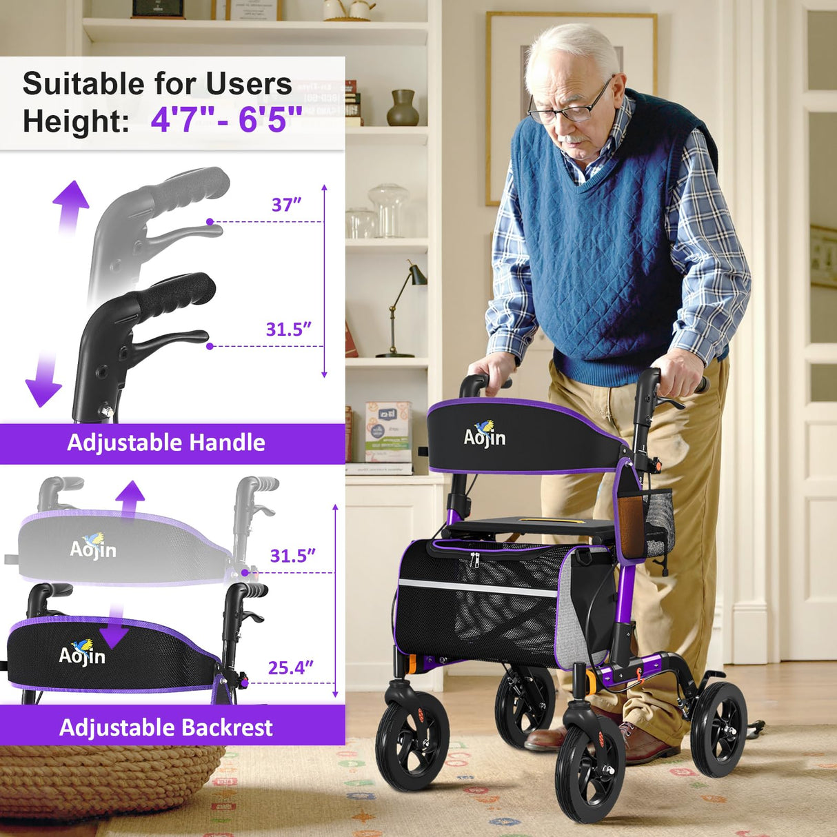 Walkers for Seniors, Rollator Walker with Seat, 350 lb Weight Capacity, 18" Big Seat, 8" All-Terrain Wheels, 6-Level Adjustable Height, Lightweight Aluminum Frame Rollator Walkers for Seniors (Purple)