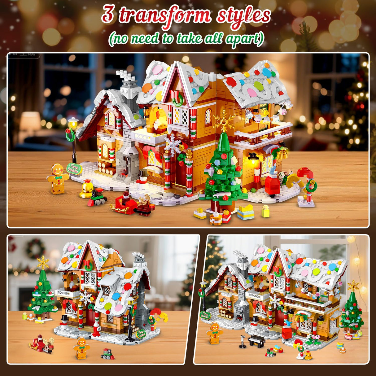 3 Style Christmas Gingerbread House Building Set with Lights - 2025 Christmas Castle Village Building Block Toy with Santa Claus Xmas Tree Train Gifts for Adults Kids Girls Boys Ages 6+ (1477PCS)