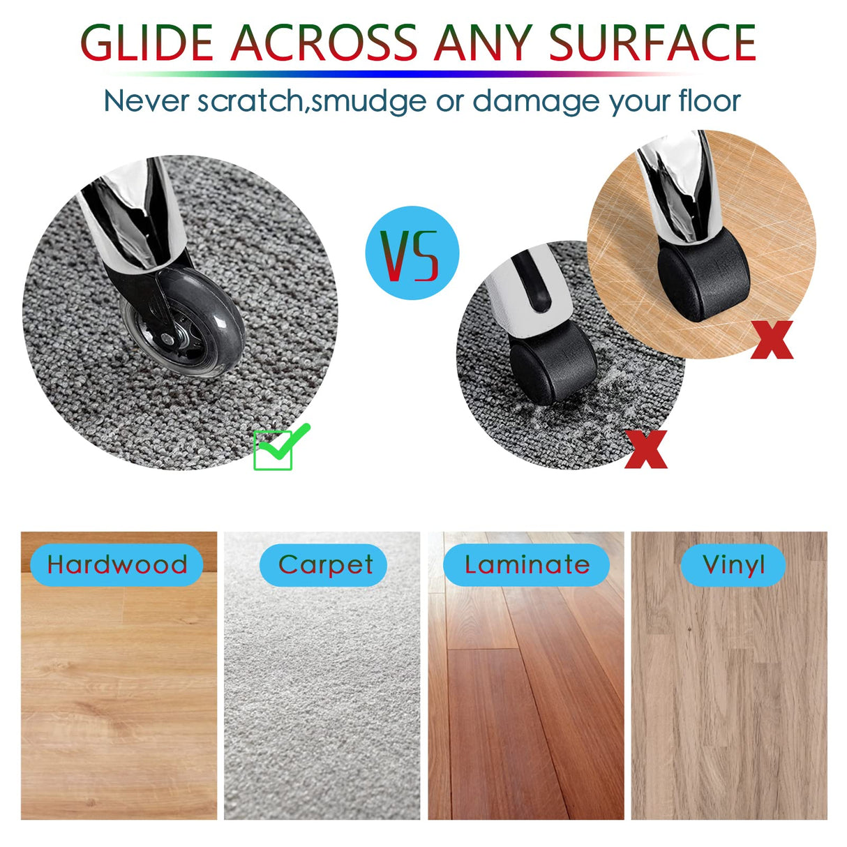 Gaming Chair Wheels - 2.5 inch Heavy Duty Caster Wheels(2200lbs),Mute Rolling Desk Chair Wheels Replacement (Set of 5)-Rubber Office Chair Wheels for Carpet, Wood Floors,Hardwood Floors