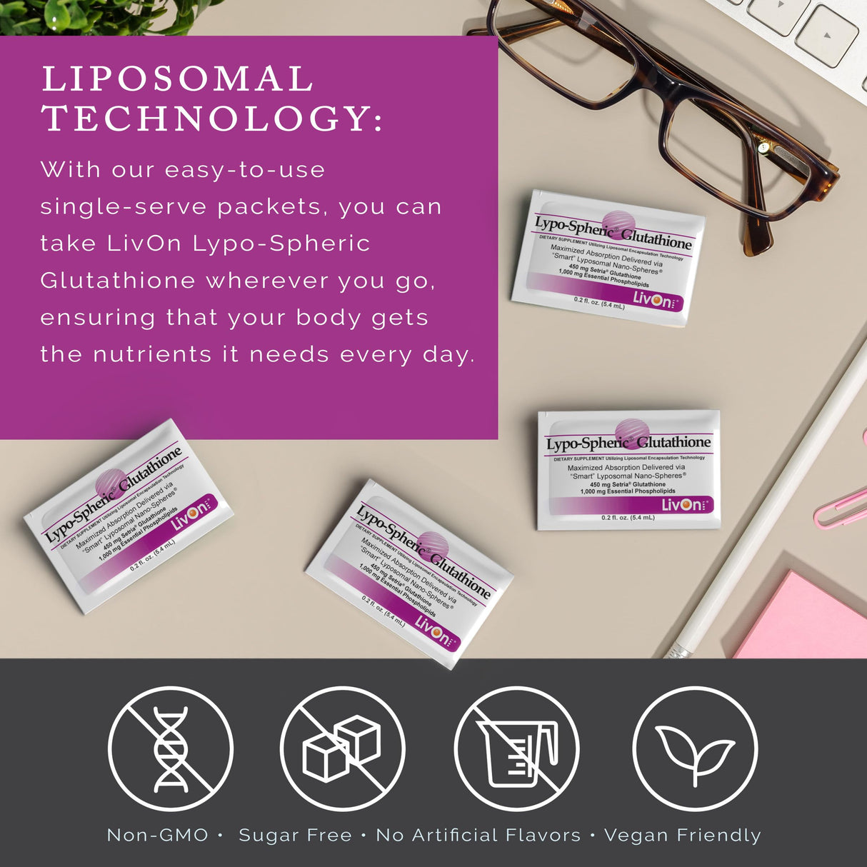 LivOn Laboratories Lypo-Spheric Glutathione - 30 Packets – 450 mg Glutathione Per Packet – Liposome Encapsulated for Maximum Bioavailability – Professionally Formulated – 100% Non-GMO