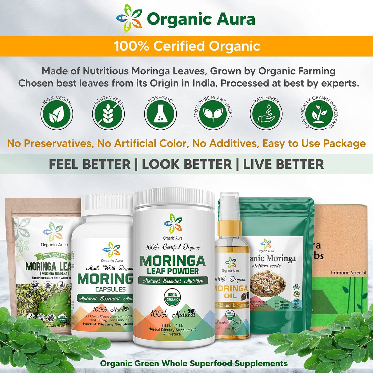 Certified Organic Moringa Leaf Powder-1Lb. USDA Certified Organic. 100% Pure and Original. Naturally boosts Energy, Metabolism & Immunity. Raw Green Whole Superfood. No GMO, Gluten Free
