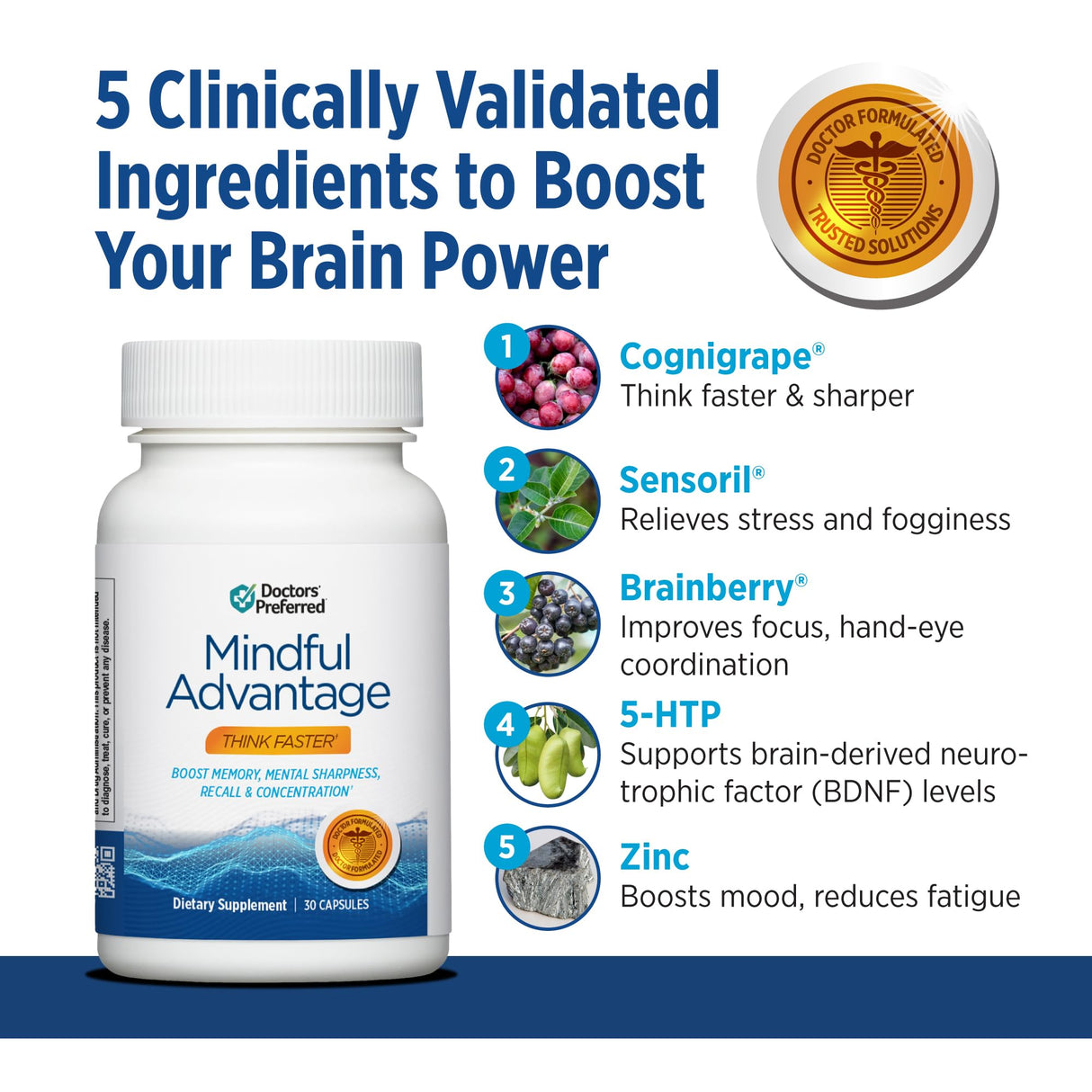DOCTORS' PREFERRED Mindful Advantage Brain Supplements for Memory and Focus - Boost Memory, Mental Sharpness, Recall & Concentration - 30 Count