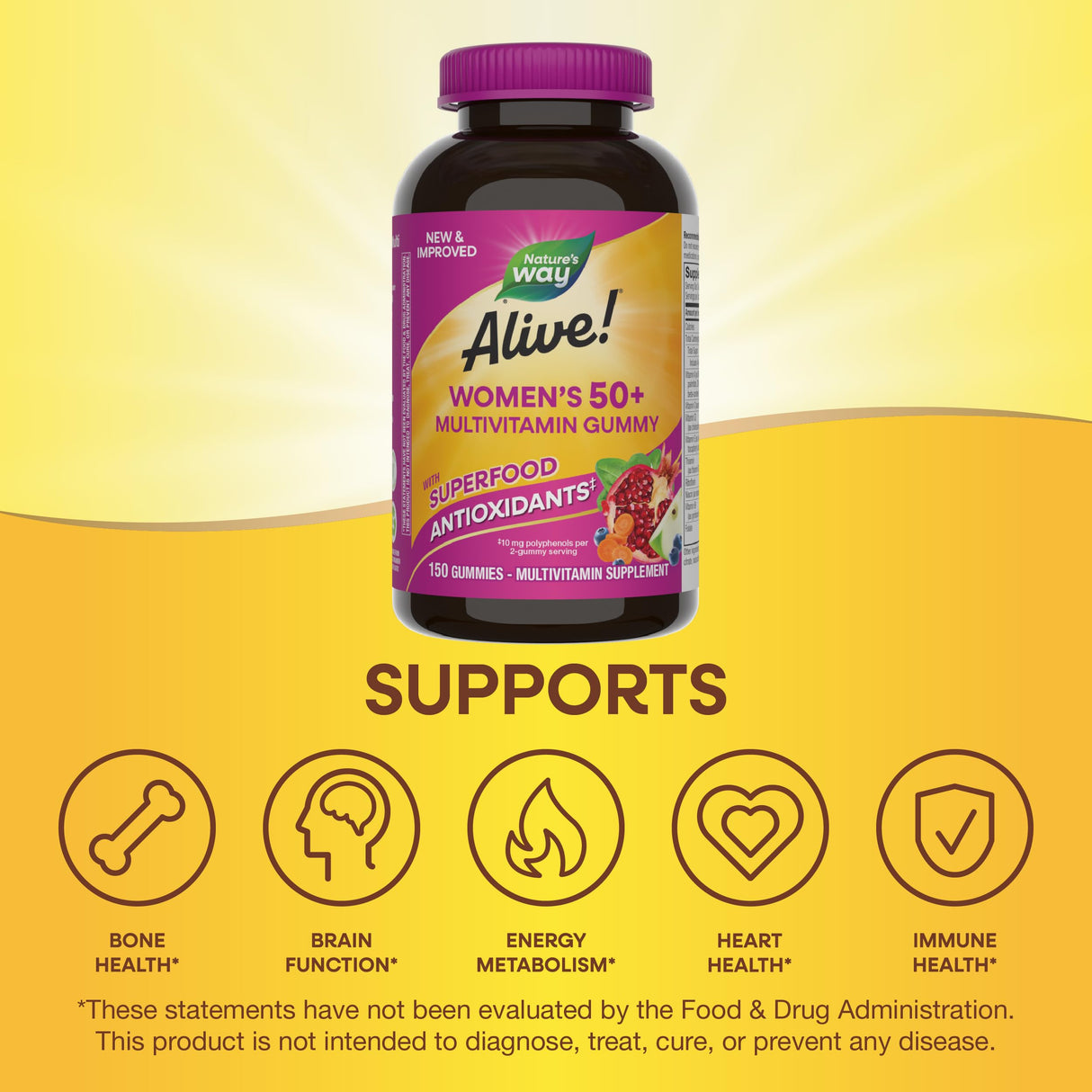Nature's Way Alive! Women's 50+ Daily Gummy Multivitamins, Women's Supplements, Supports Healthy Heart, Brain & Bones,* B-Vitamins, Mixed Berry Flavored, 150 Gummies (Packaging May Vary)