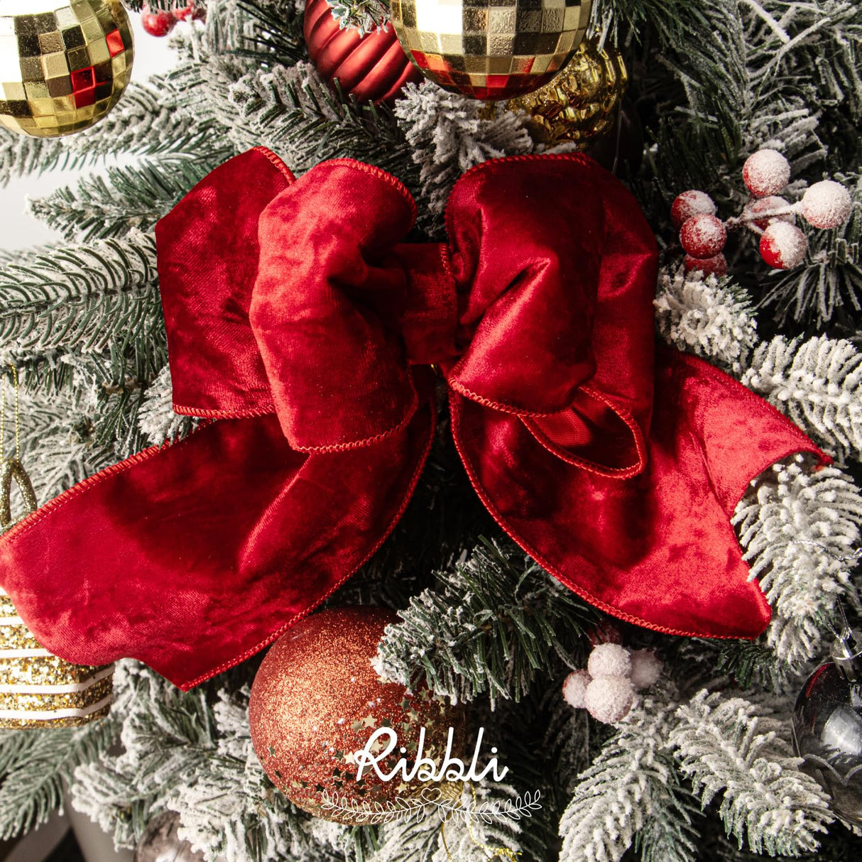 Ribbli Red Velvet Wired Ribbon 4 Inch Metallic Red Gold Crushed Velvet Christmas Ribbon for Gift Wrapping Christmas Tree Decoration Crafts Wreaths Supplies-Continuous 10 Yards