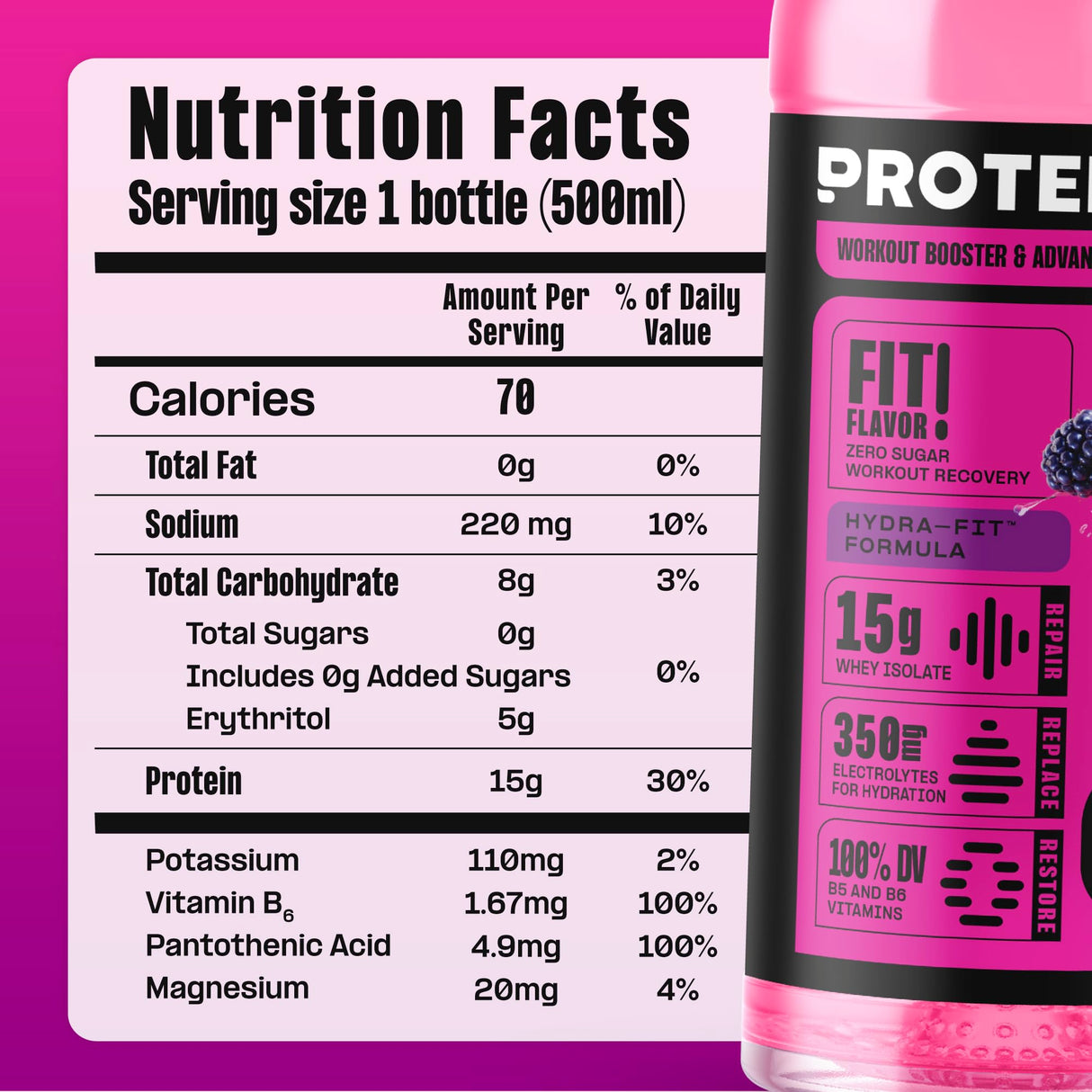 Protein2o Hydration Drink - 2-in-1 Liquid Clear Whey Protein Isolate and Electrolyte Drink - 15g Protein, Vitamins B5, B6 - Post-Workout Recovery - 16.9 Fl Oz - 12 Count Dragon fruit Blackberry