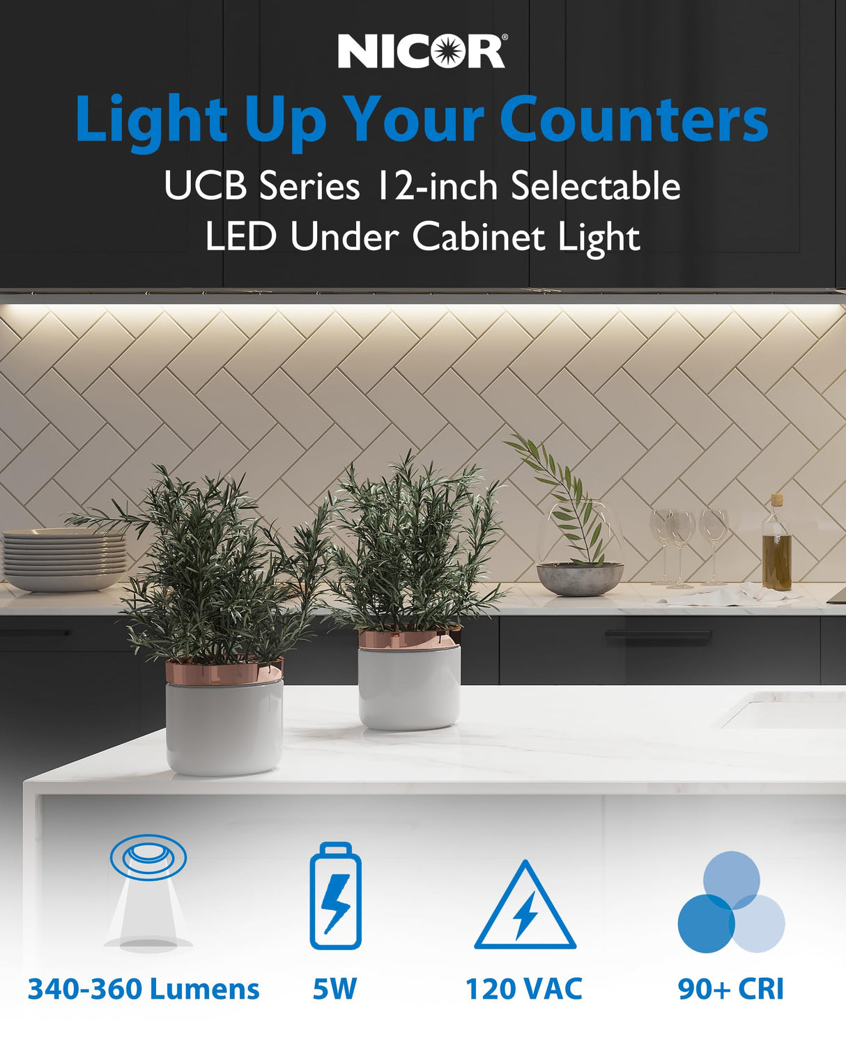 12” LED Direct Wire Under Cabinet Light with On/Off Switch - Dimmable LED Lights for Kitchen - Selectable CCT 2700K-5000K, 340-360 Lumens, 5W - UCB Hardwired Under Cabinet Lighting by NICOR Lighting