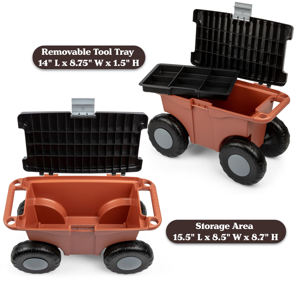 Pure Garden Rolling Garden Cart with Seat, Terracotta