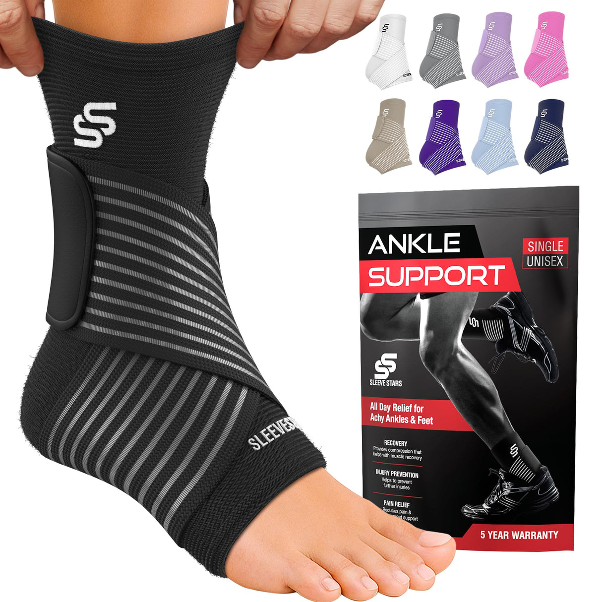 Sleeve Stars Ankle Brace for Women & Men, Ankle Wrap for Sprain, Compression Sleeve for Plantar Fasciitis Relief, Easy Customizable Support: w/ Removable Strap (Pair/M:10"-12"/Black)