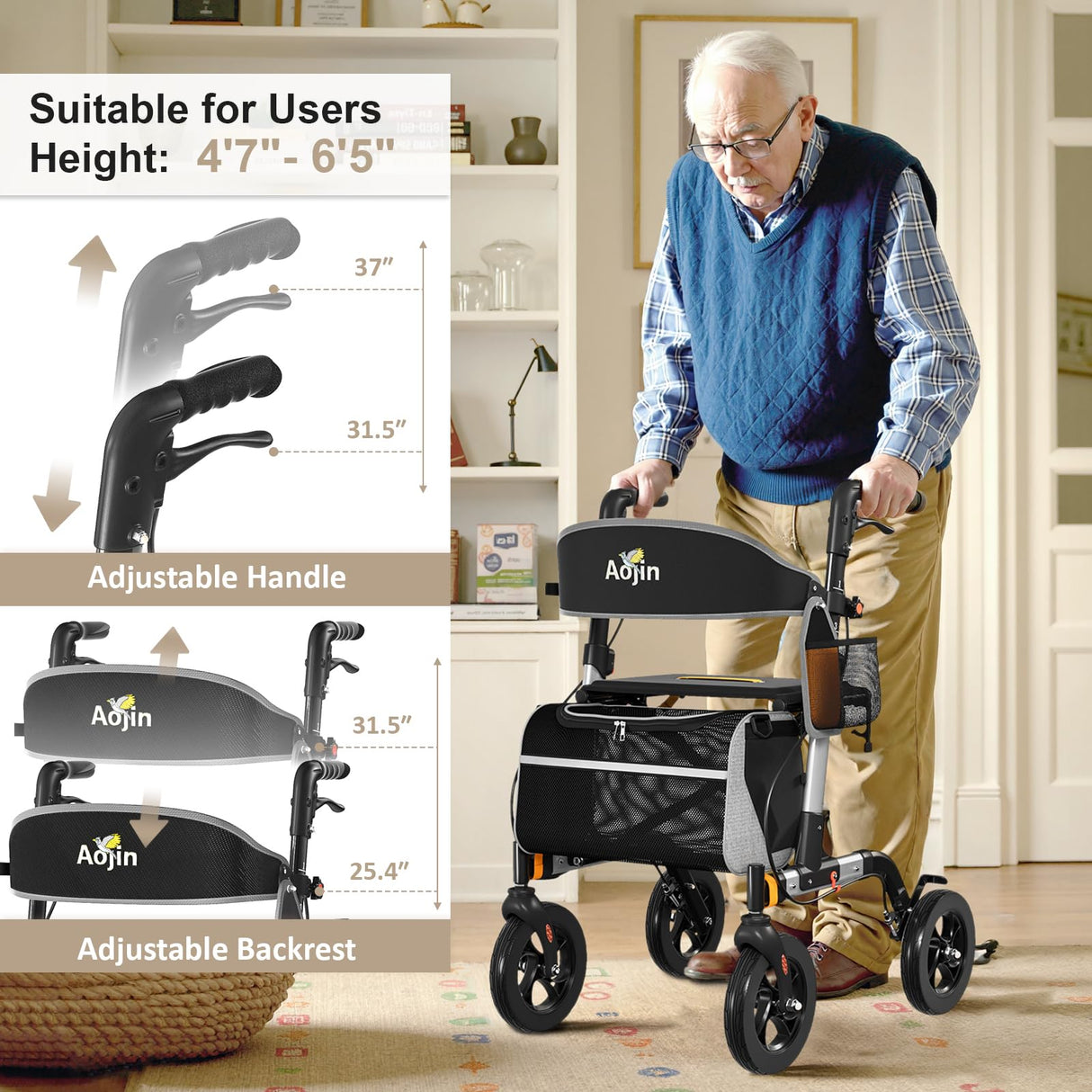 Walkers for Seniors, Rollator Walker with Seat, 350 lb Weight Capacity, 18" Big Seat, 8" All-Terrain Wheels, 6-Level Adjustable Height, Lightweight Aluminum Frame Rollator Walkers for Seniors (Silver)
