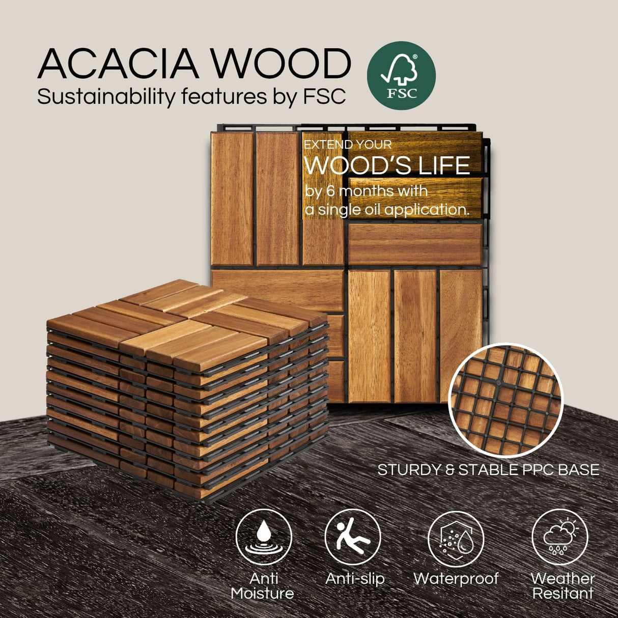 THYOI Premium Deck Tiles, Patio Flooring - Set 10 Pcs 12βx12βx0.9β Interlocking Deck Tiles, Waterproof Acacia Wood for Balcony, Backyard, Indoor & Outdoor (Golden Teak, Crossed Pattern, Square Joints)