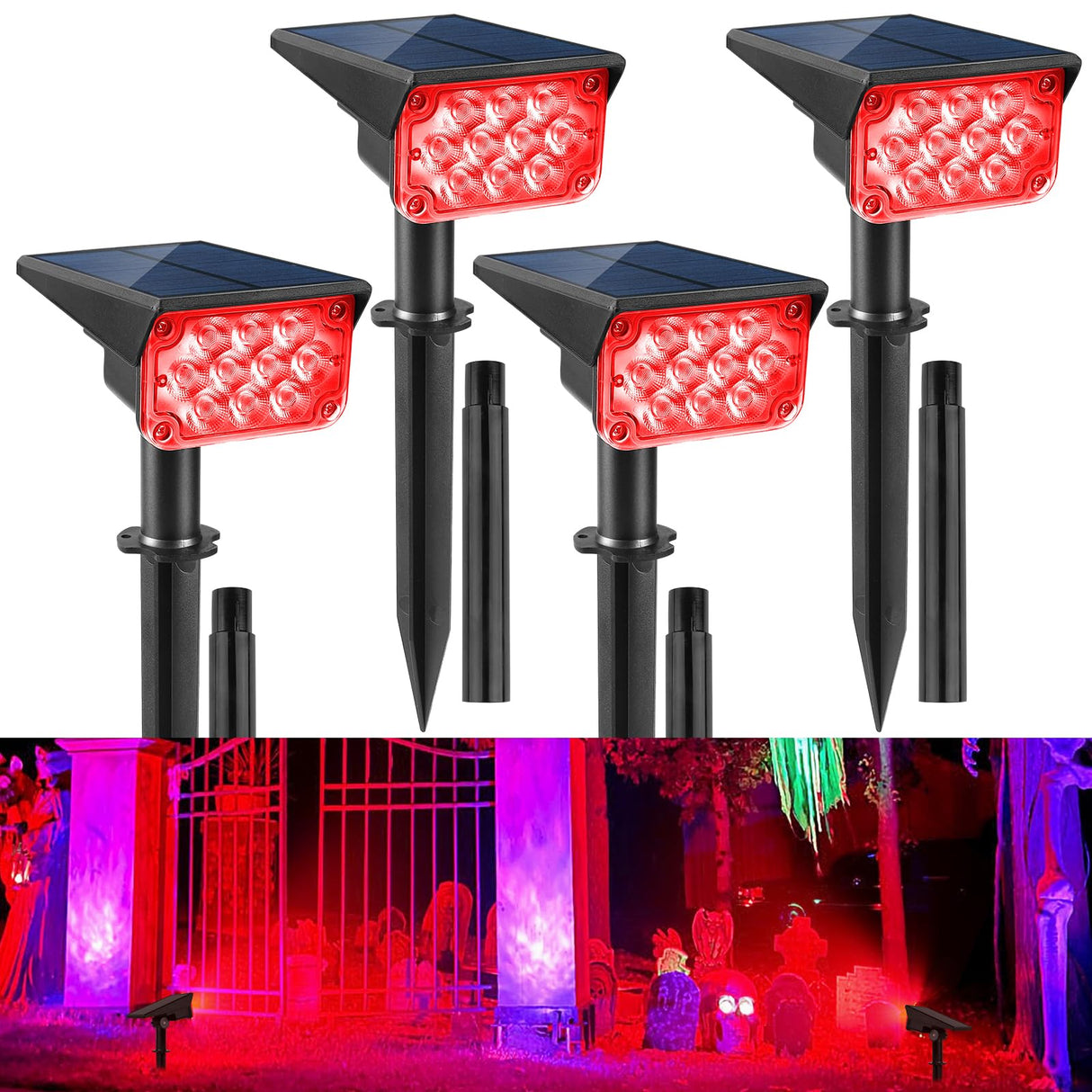 CREPOW Solar Spot Lights Outdoor,20 LED Waterproof IP65 Solar Landscape Light Adjustable Panel Spotlights for Wall Tree Yard Garden Halloween Christmas Red Lights 4 Pack