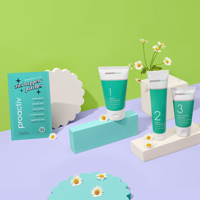 Proactiv Clean 3 Step Acne Treatment Routine- Sulfur Acne Treatment Cleanser, Azelaic Acid Serum, and Facial Moisturizer for Acne Prone Skin- 30 Day Acne Skin Care Kit w/Zits Happen® Pimple Patches