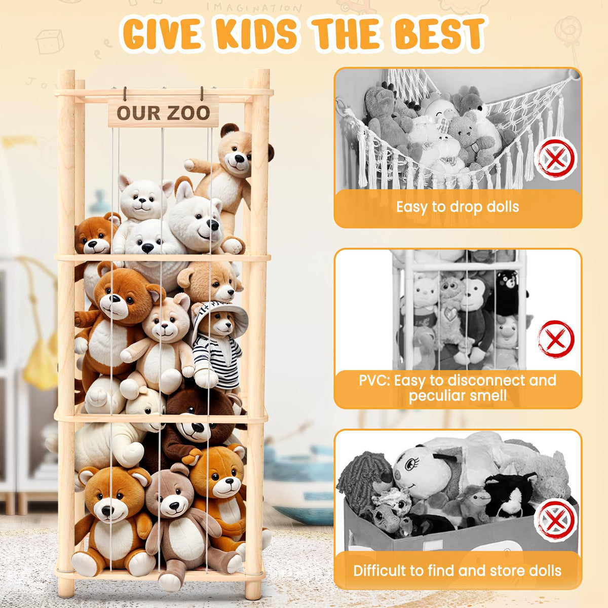 Woodure Stuffed Animal Storage & Organizer, Wooden Toy Holder Zoo for Kids