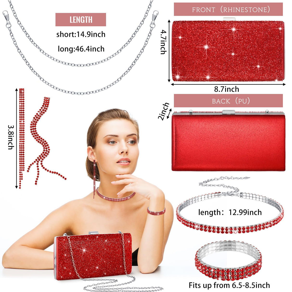 Kigeli 4 Pcs Women Rhinestone Clutch Purse Bling Jewelry Set,Red