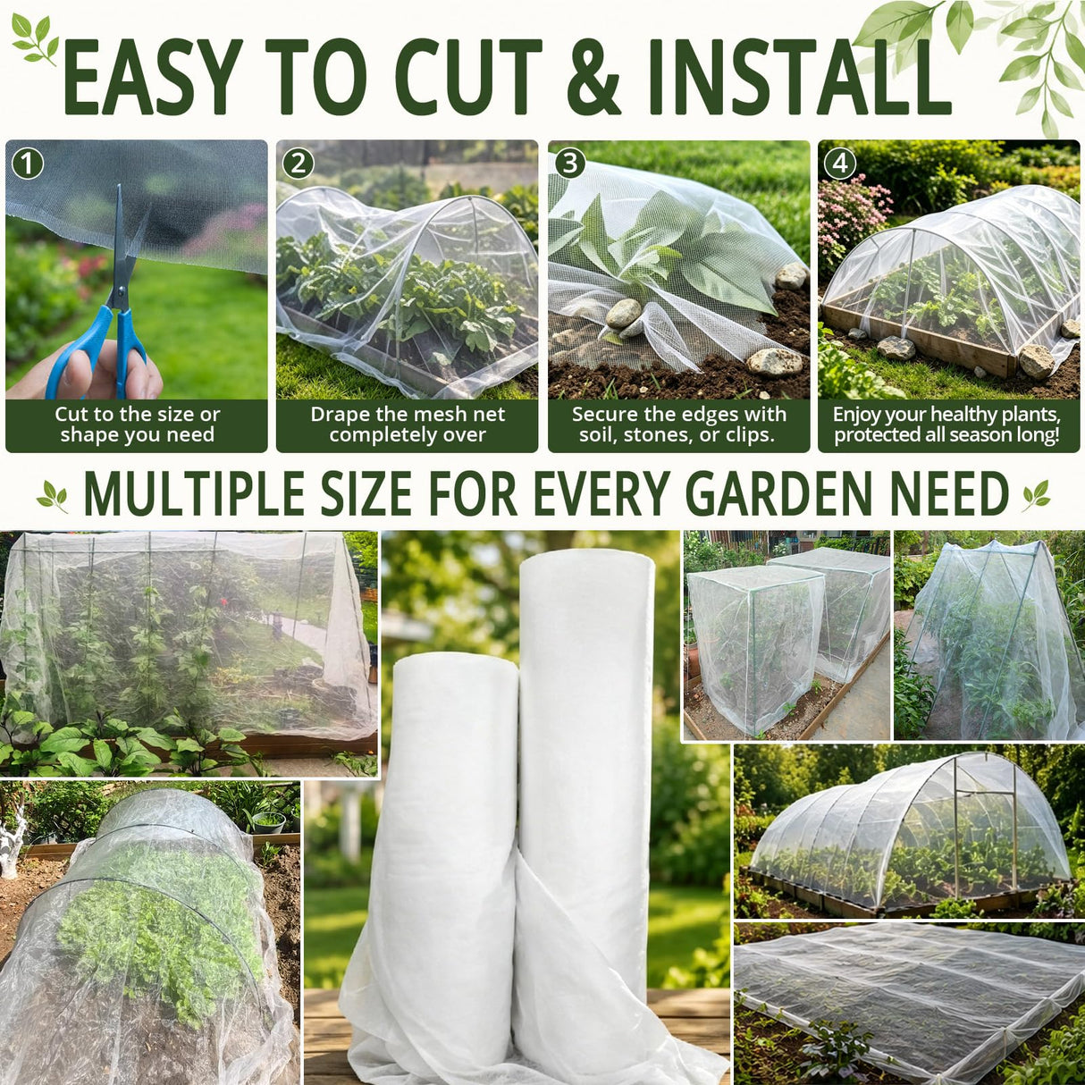 10Ft x 50Ft Garden Netting, Fine Mesh Insect Netting for Plant Protection, Mosquito Bug Bird Barrier Mesh Cover for Vegetables Fruits Flowers Raised Beds