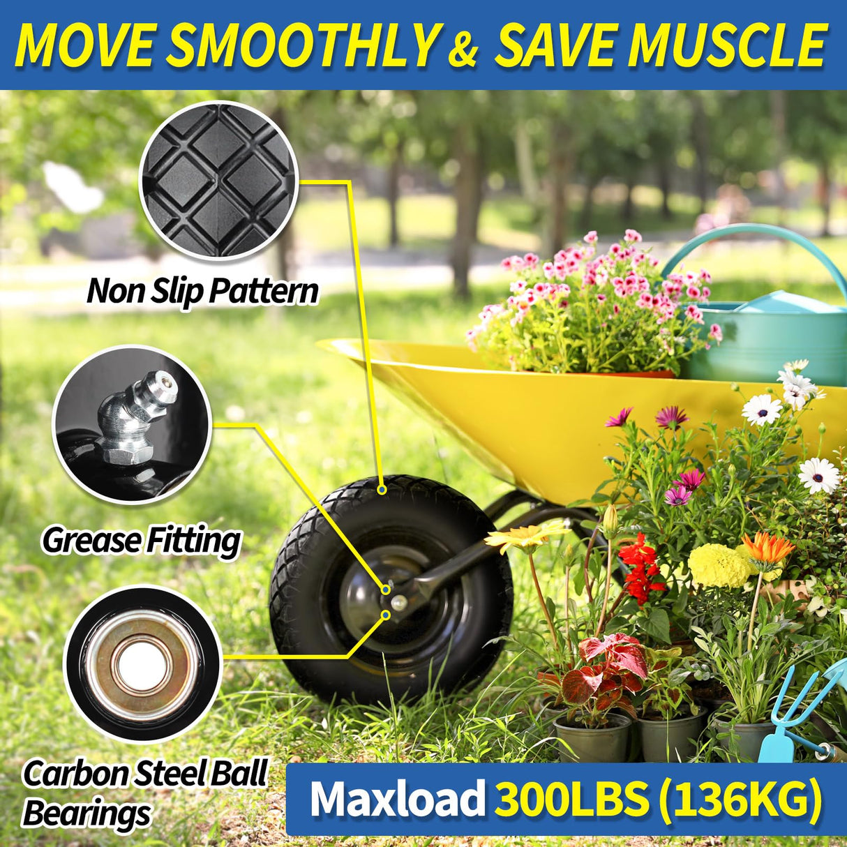 GICOOL 4.80/4.00-8" Wheelbarrow Tire, 16" Flat-Free Solid Tire and Wheel, 3-6" Centered Hub, 5/8" & 3/4" Bearing, For Garden Wagon Cart Trolley Dolly (1 Pack)
