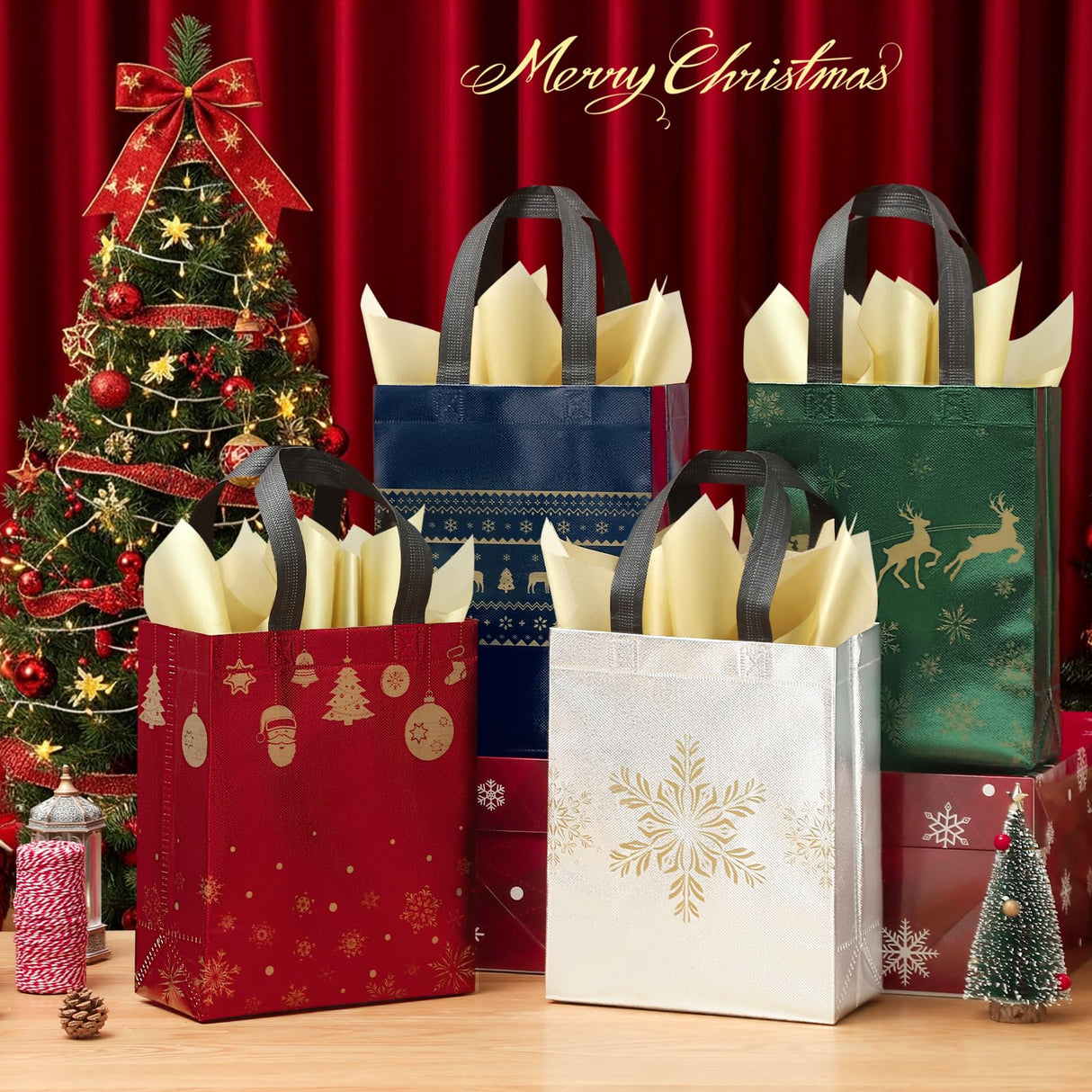 STYPOP 32 Pack 10" Christmas Gift Bags Medium Size with Tissue Paper, Reusable Non-Woven Christmas Tote Bags with Handles, Perfect for Holiday Gift Wrap/Party Favor Supplies, 10.2" ร 8.3" ร 4"