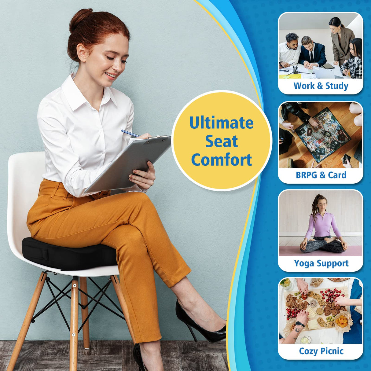 CloudBliss Large Office Chair Seat Cushion, Cooling Gel Enhanced Memory Foam for Long Sitting - Back, Sciatica, Coccyx, Tailbone Pain Relief Pillow - for Wheelchair,Office, Gaming, Car - Black