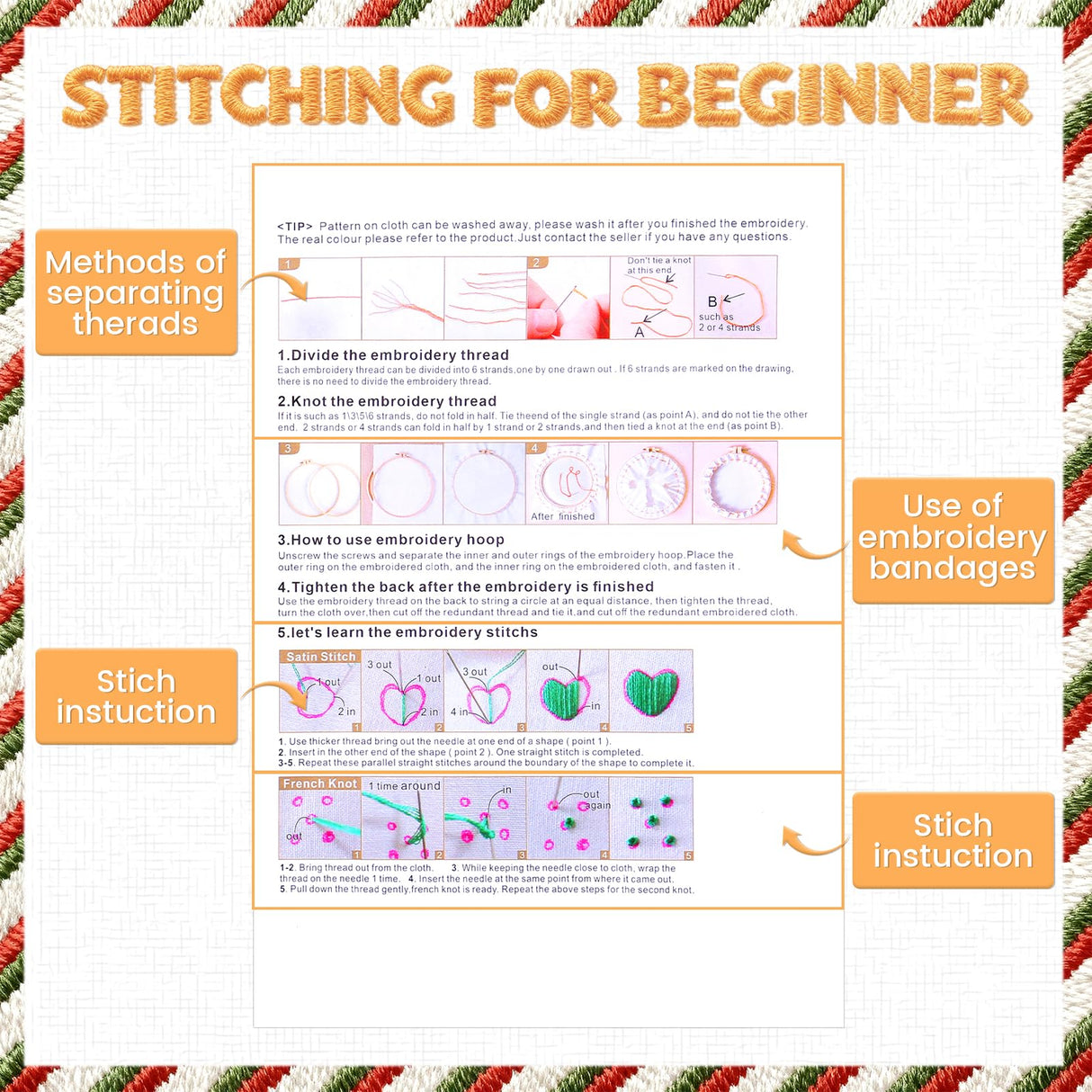 Christmas Embroidery Kit for Adults & Beginners - Gnomes & Cross Stitch Patterns, Cotton, Threads, Needles & Instructions (4 Pcs)