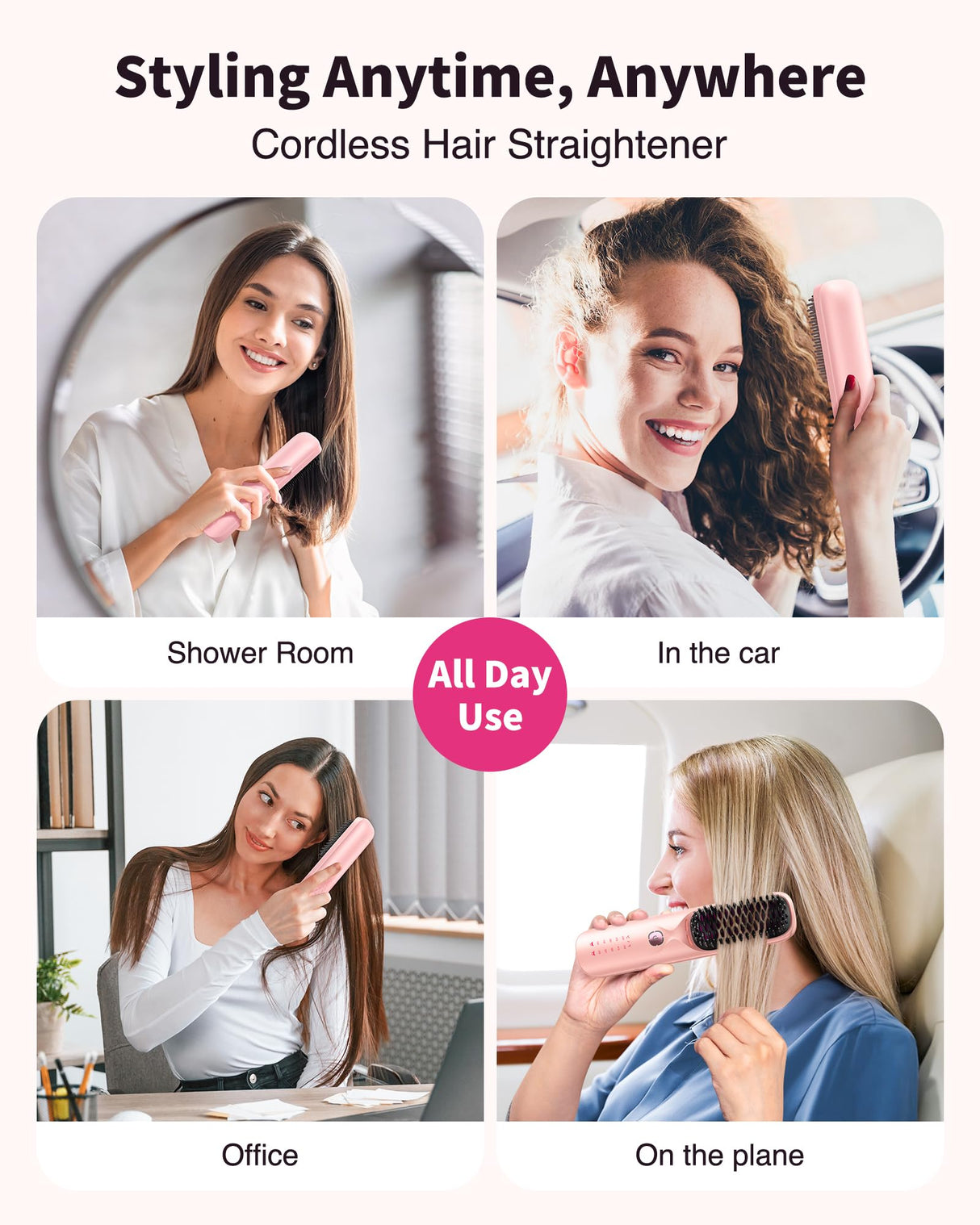 Cordless Hair Straightener Brush - Portable Hair Brush for Travel - 30s Fast Heating - 300 Million Negative Ions for Frizz-Free Shine, Touch Up On-The-Go, Gift for Women,10,000mAh