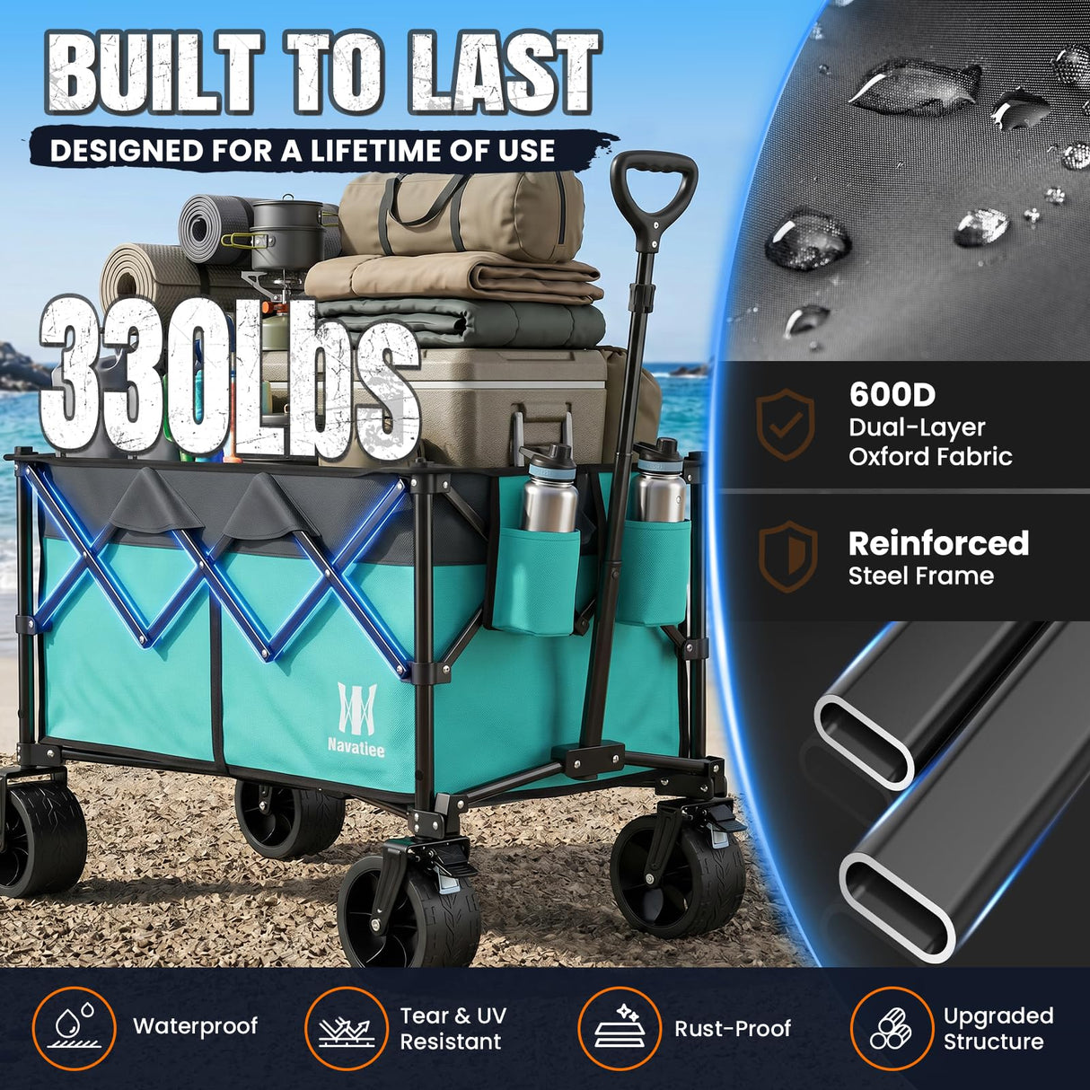 Navatiee 330Lbs Collapsible Folding Wagon, Beach Wagon Cart Heavy Duty Foldable with Big Wheels, Utility Grocery Wagon with 165L Large Capacity for Camping Garden Sports, Light Blue