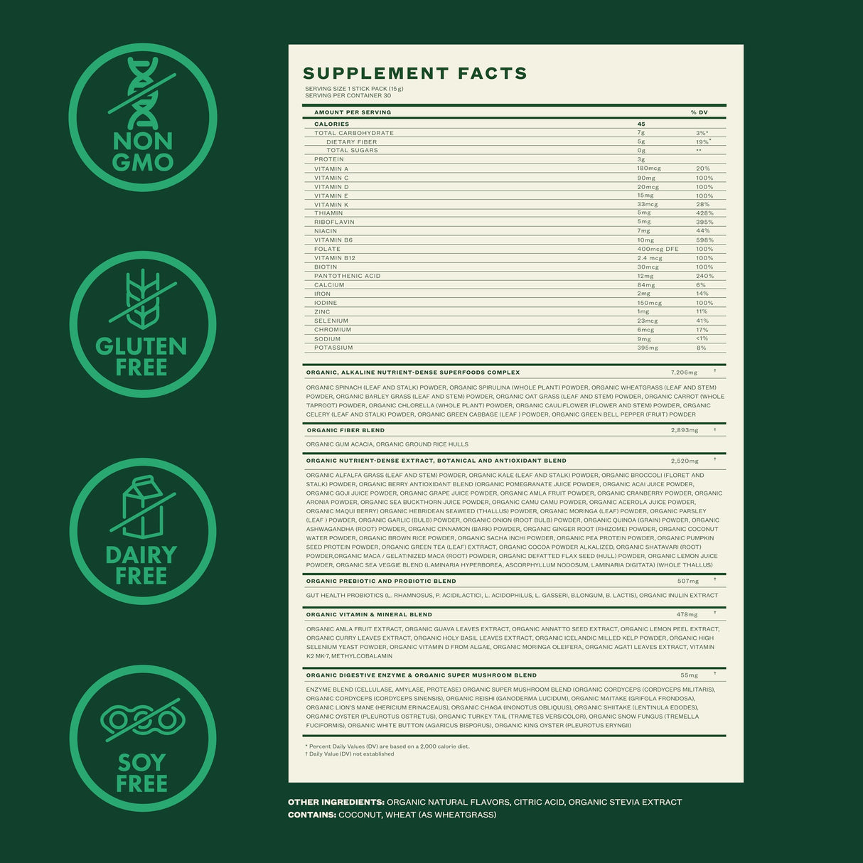 Zena Complete Organic Super Greens Powder & Multivitamin, 90+ Supergreens, Fruits, Veggies, 0 Sugar, 5G Fiber, Pre & Probiotics, Watermelon Citrus Flavor, 30 Packets