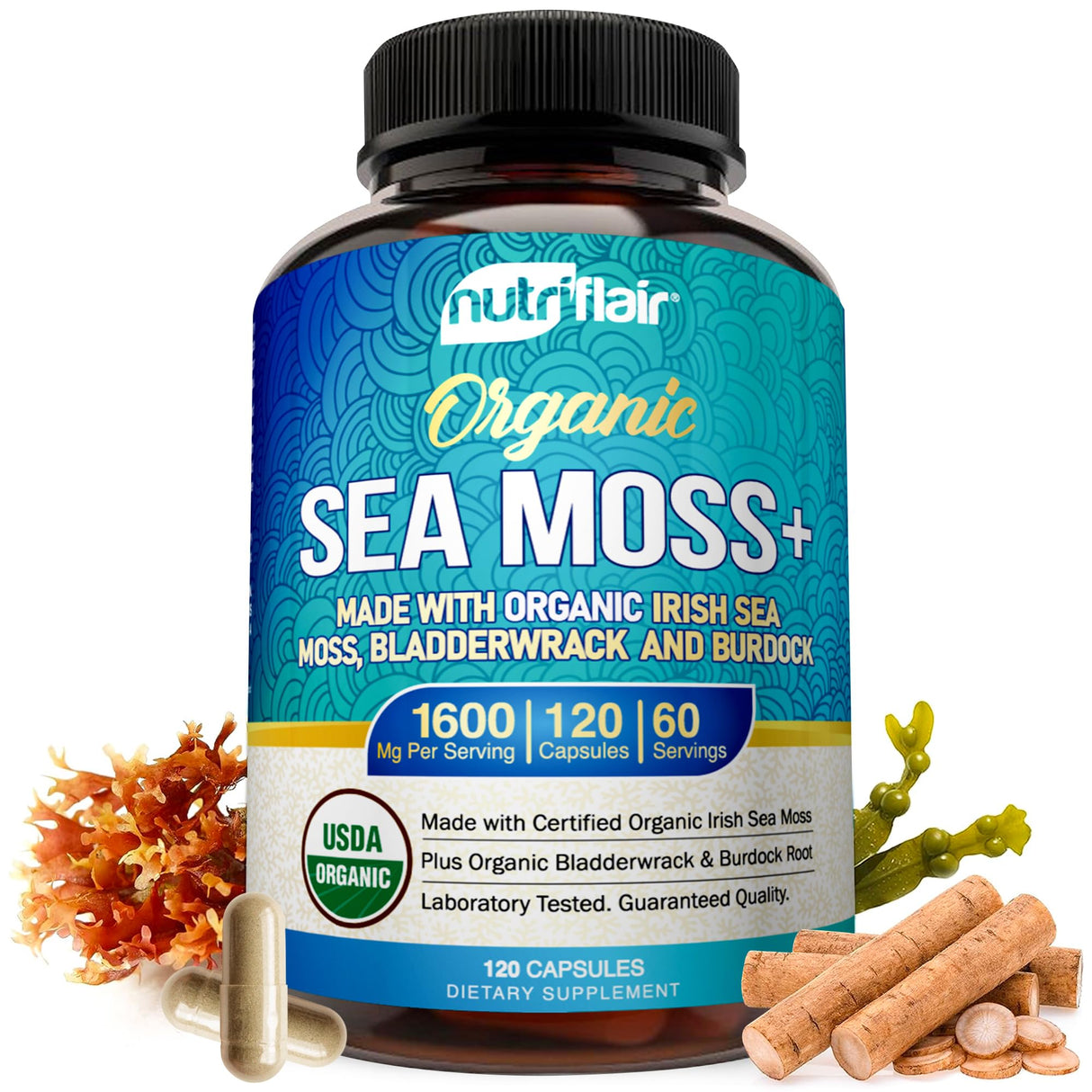 NutriFlair Organic Irish Sea Moss 1600mg, 120 Capsules Plus Bladderwrack & Burdock - Prebiotic Super Food - Immune System & Digestive Health - Thyroid, Healthy Skin, Keto Detox, Gut