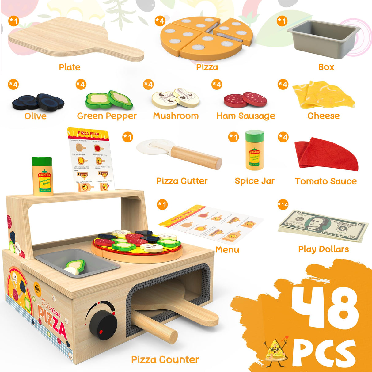 WOODMAM Wooden Pizza Toy - 48 PCS Montessori Pretend Play Food for Ages 3+, Educational Learning Toy Wooden Playset with Bake Oven, Christmas Birthday Gift for 3 4 5 6 Year Old