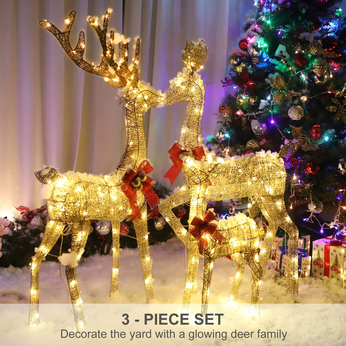 Lighted Christmas Decoration Deer 3 Piece, HOYECHI Light up Christmas Decor Reindeer Family Set for Indoor Outdoor Front Yard Porch with LED Lights, Plug, Ground Stakes - Gold
