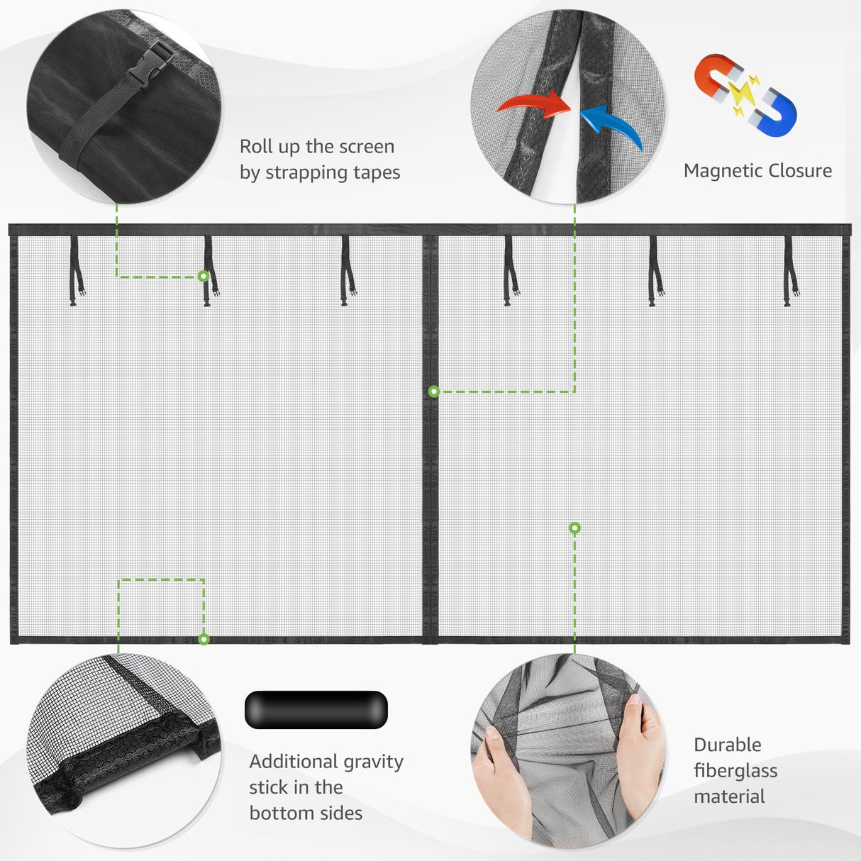 Garage Door Screen for 1 Car, 2 Car Garage, Magnetic Closure Heavy Duty Weighted Bottom Fiberglass Mesh Keep Annoying Animal Out (Black, 16 ft x 10 ft)