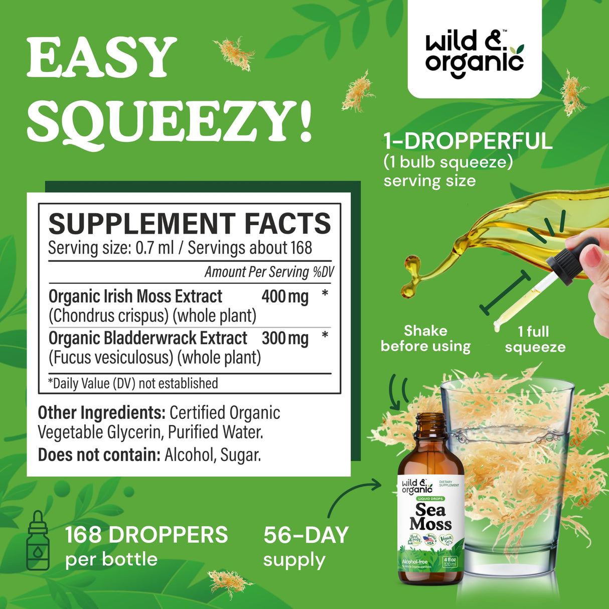 Wild & Organic Sea Moss Drops - Overall Support with Irish Seamoss and Bladderwrack - Multimineral Chondrus Crispus Tincture - Vegan, Sugar & Alcohol-Free Liquid Supplement - 4 fl oz