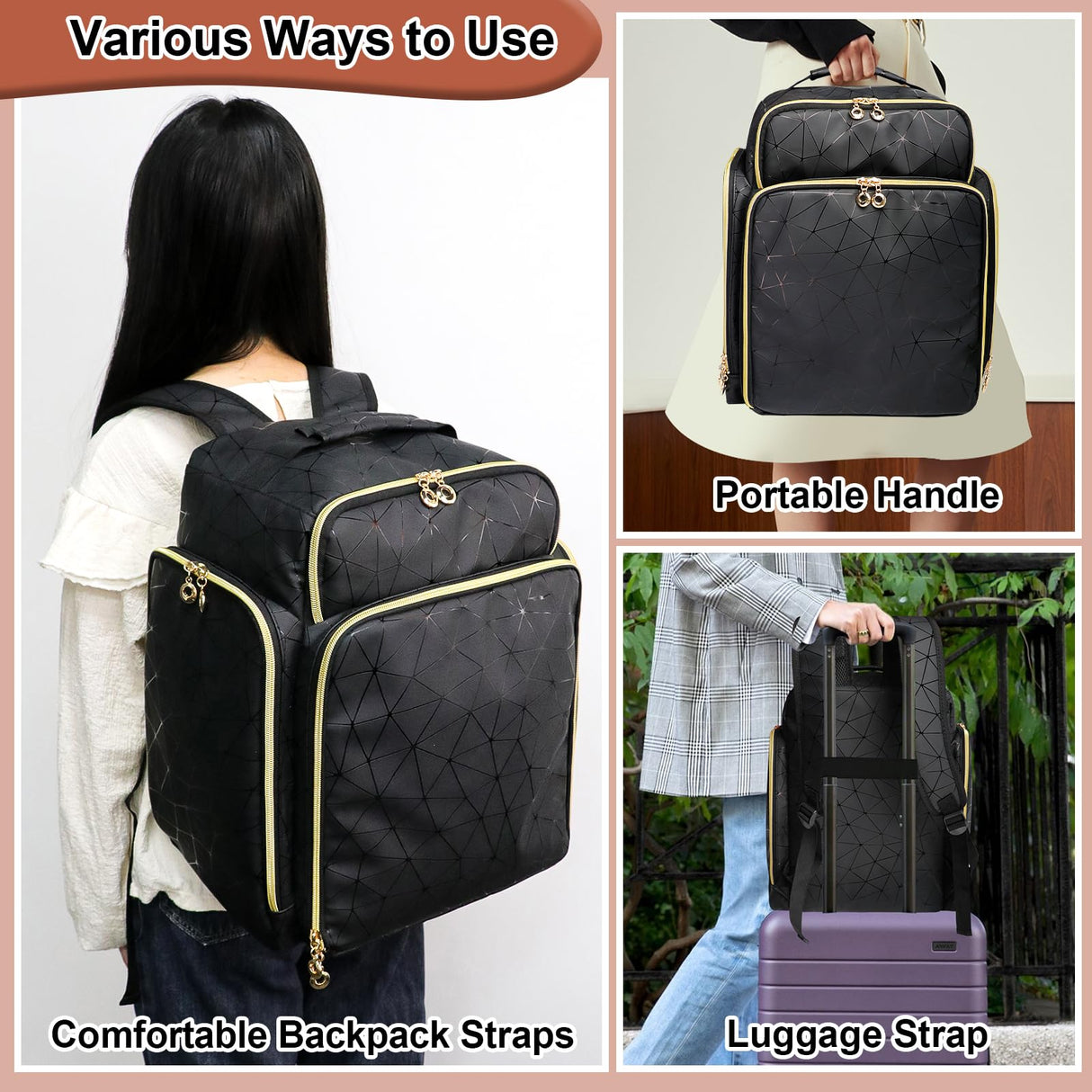 Ahzske Elegant Black Backpack Organizer, Holds 126 Nail Bottles, Extra Large Nail Kit Supplies Storage with 3 Removable Cases, PU Leather Organizer for Travel