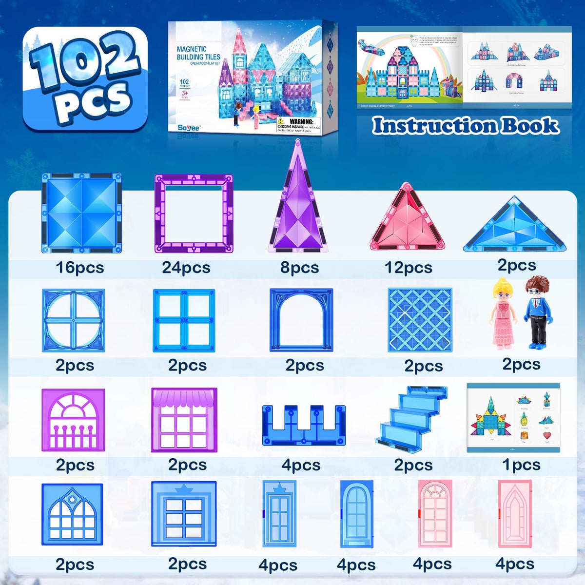 Magnetic Tiles 102pcs with 2 Stairs 2 Dolls Princess Castle Building Toys