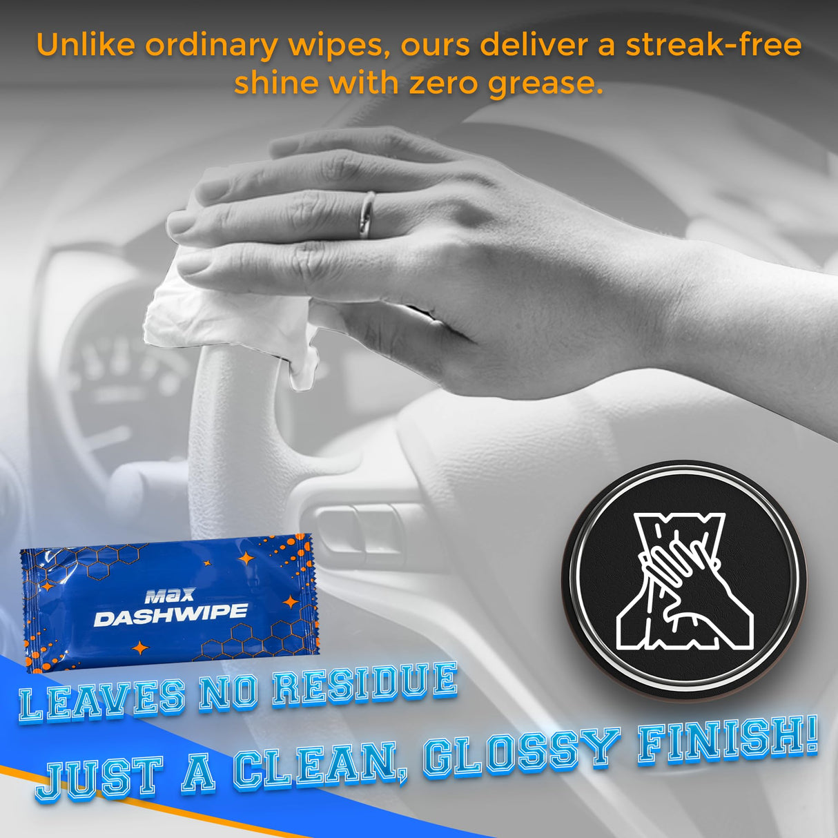 MAX MANUFACTURING Car Wash Wipes with Refreshing Lemon Scent, Pack of 100 Individually Wrapped Wipes, Dashboard Car Accessories Travel Essentials